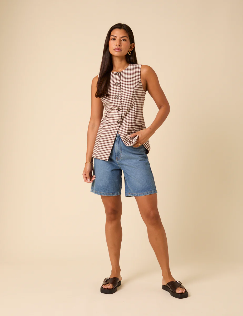 Brown Gingham Tailored Longline Waistcoat - Image 2