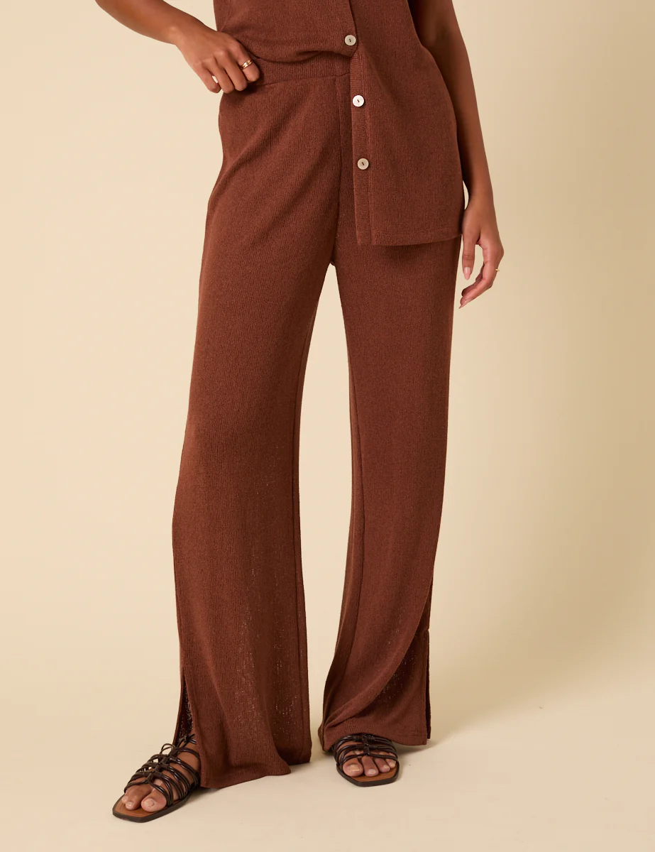 Brown Textured Wide Leg Trousers - Image 2