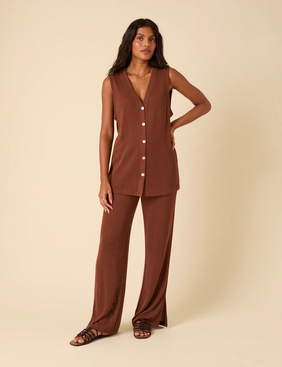 Brown Textured Wide Leg Trousers - Image 4