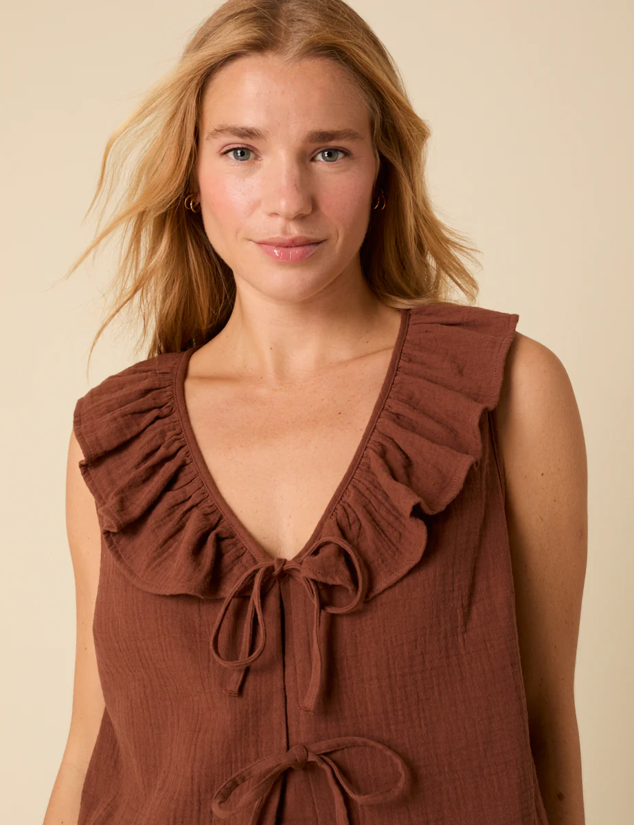 Brown Tie Front Ruffle Top - Image 3