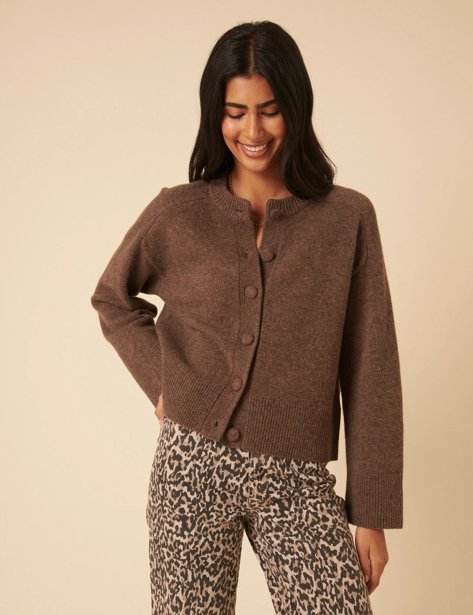 Brown Wool Crew Neck Cardigan - Image 4
