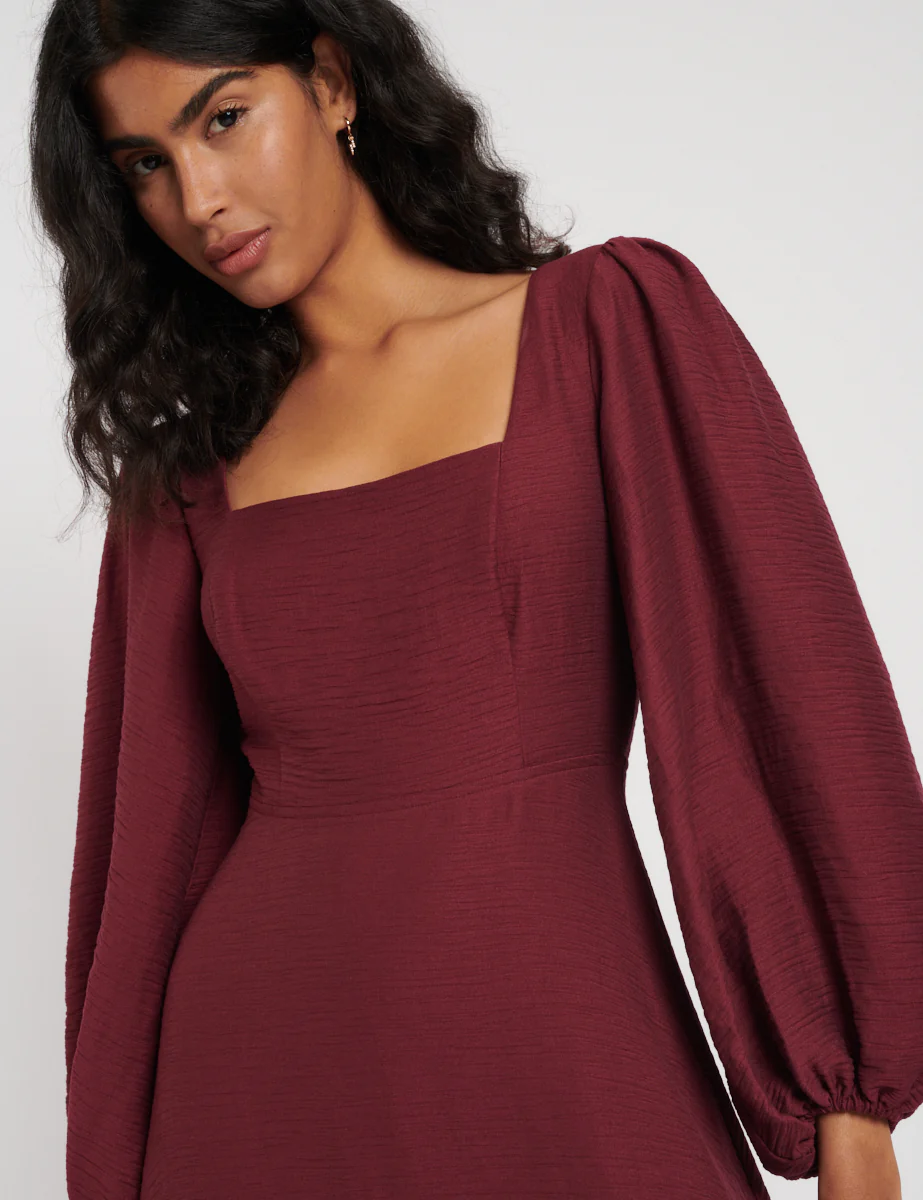 Burgundy Balloon Sleeve Loredana Midi Dress - Image 2