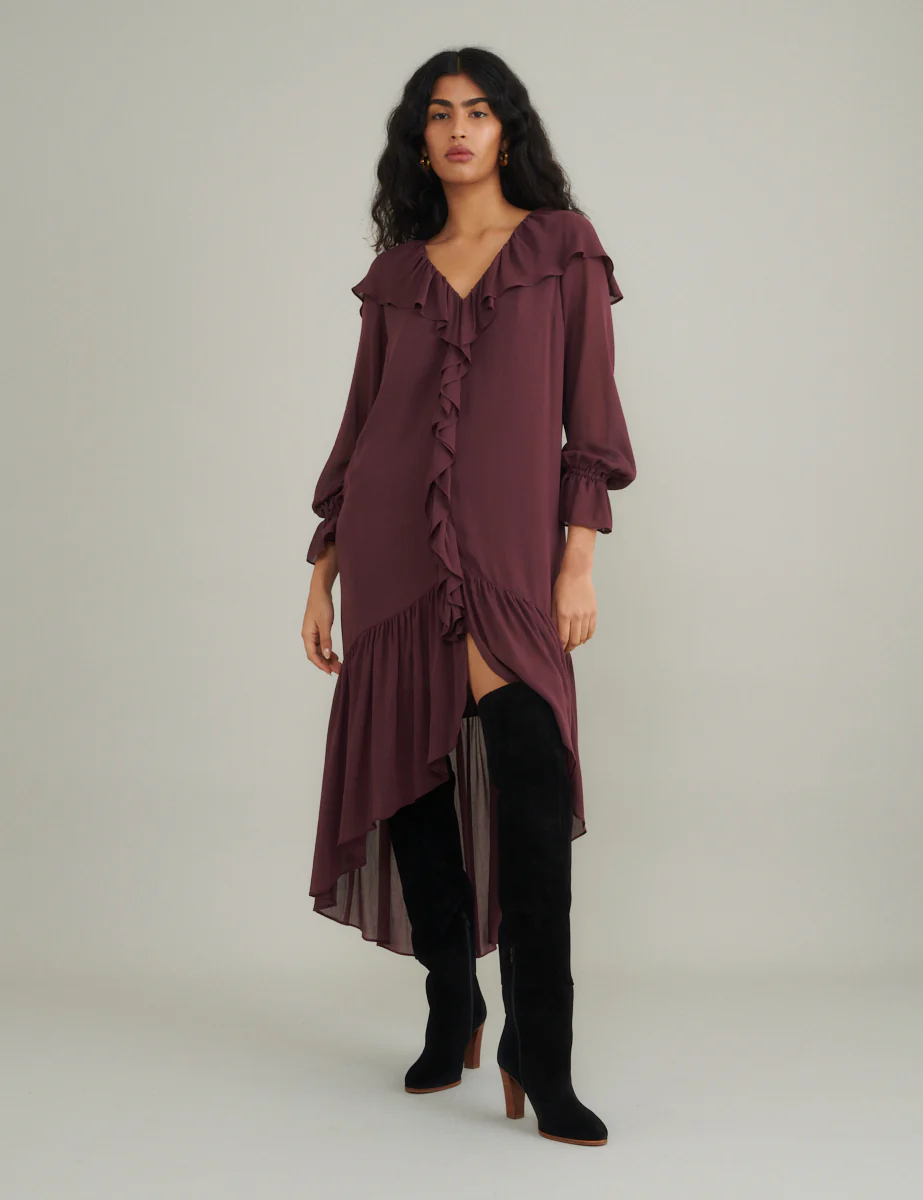 Burgundy Chiffon Ruffle Trim Koko Midi Smock Dress