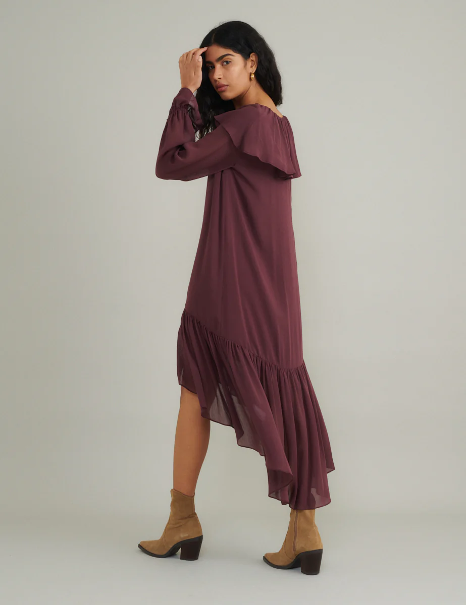 Burgundy Chiffon Ruffle Trim Koko Midi Smock Dress - Image 3