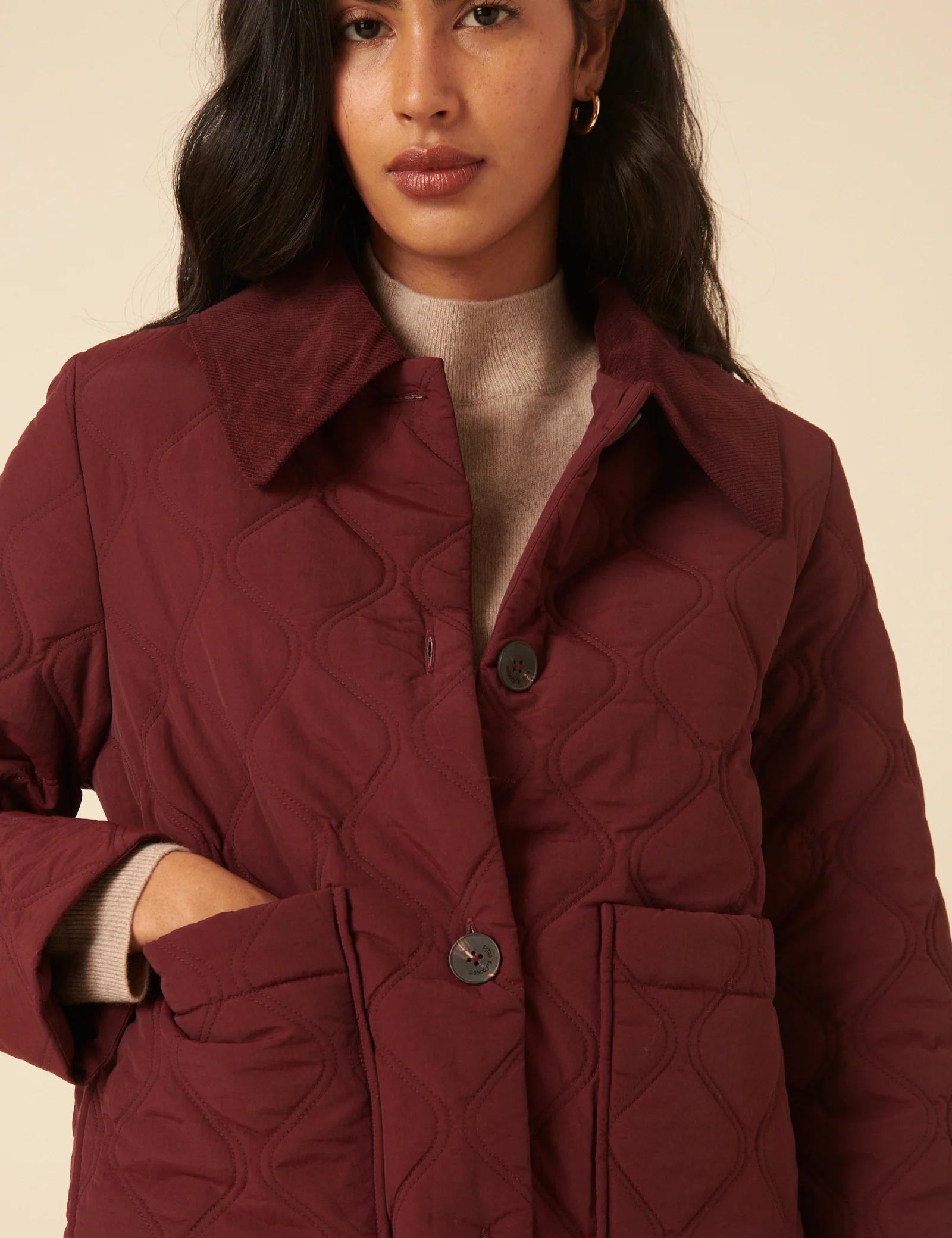 Burgundy Collared Quilted Jacket - Image 4