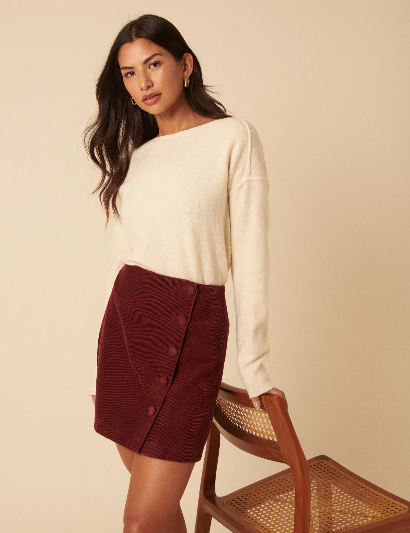 Burgundy Cord Asymmetric Mini Skirt - Image 4