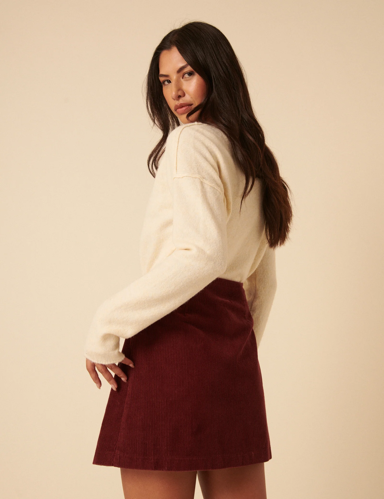 Burgundy Cord Asymmetric Mini Skirt - Image 5