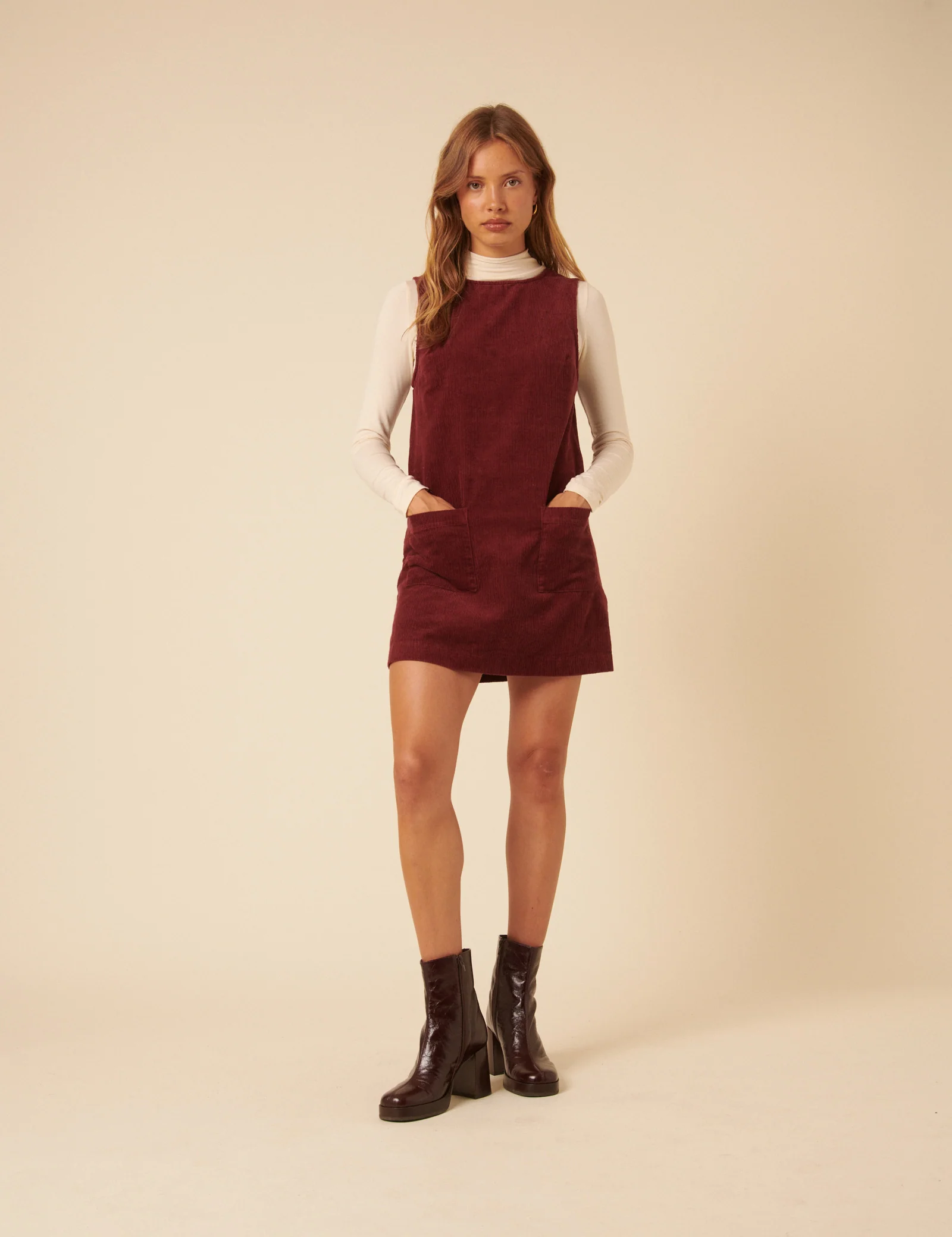 Burgundy Cord Chiara Pinafore Mini Dress - Image 3