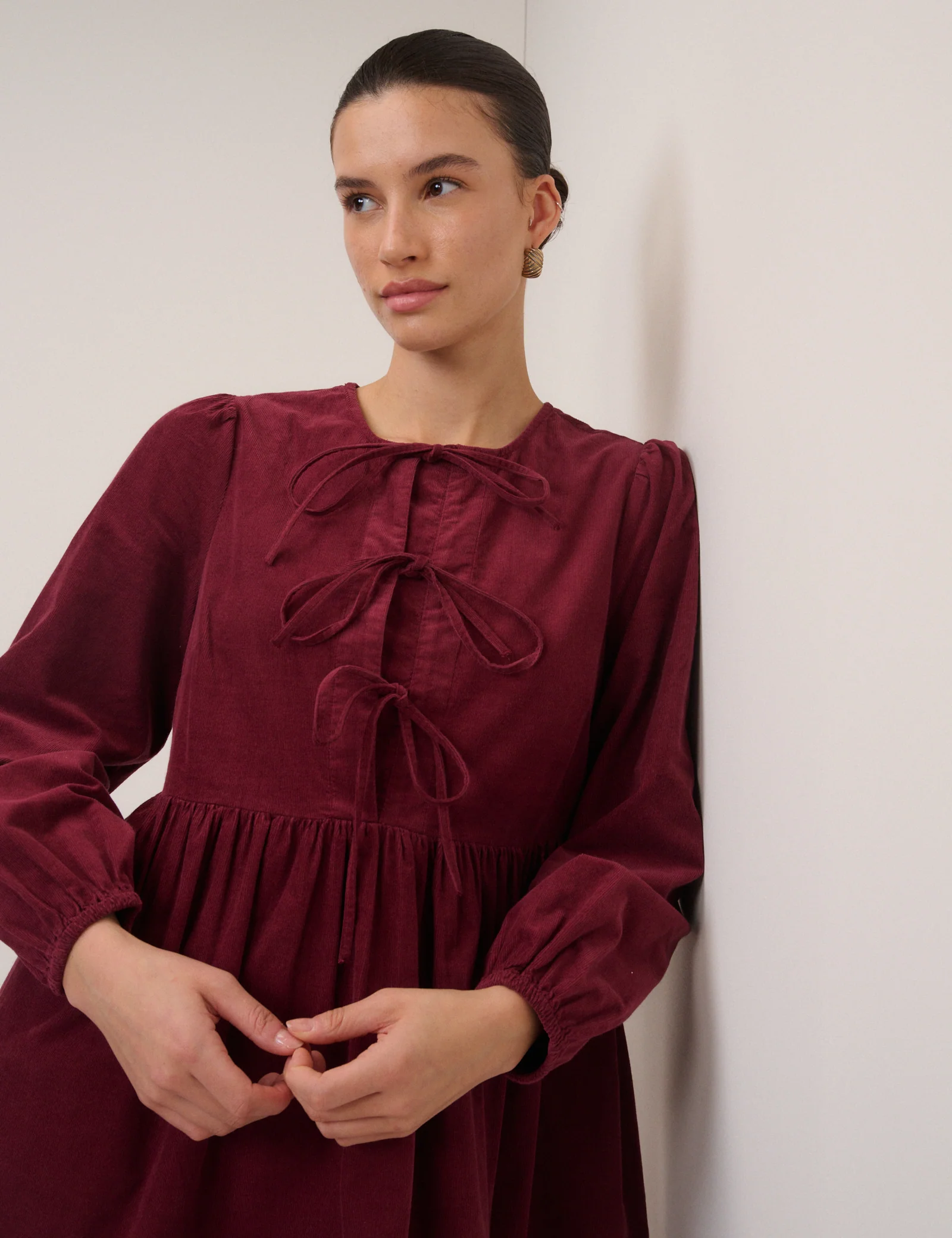 Burgundy Cord Tie Front Eden Mini Dress - Image 2