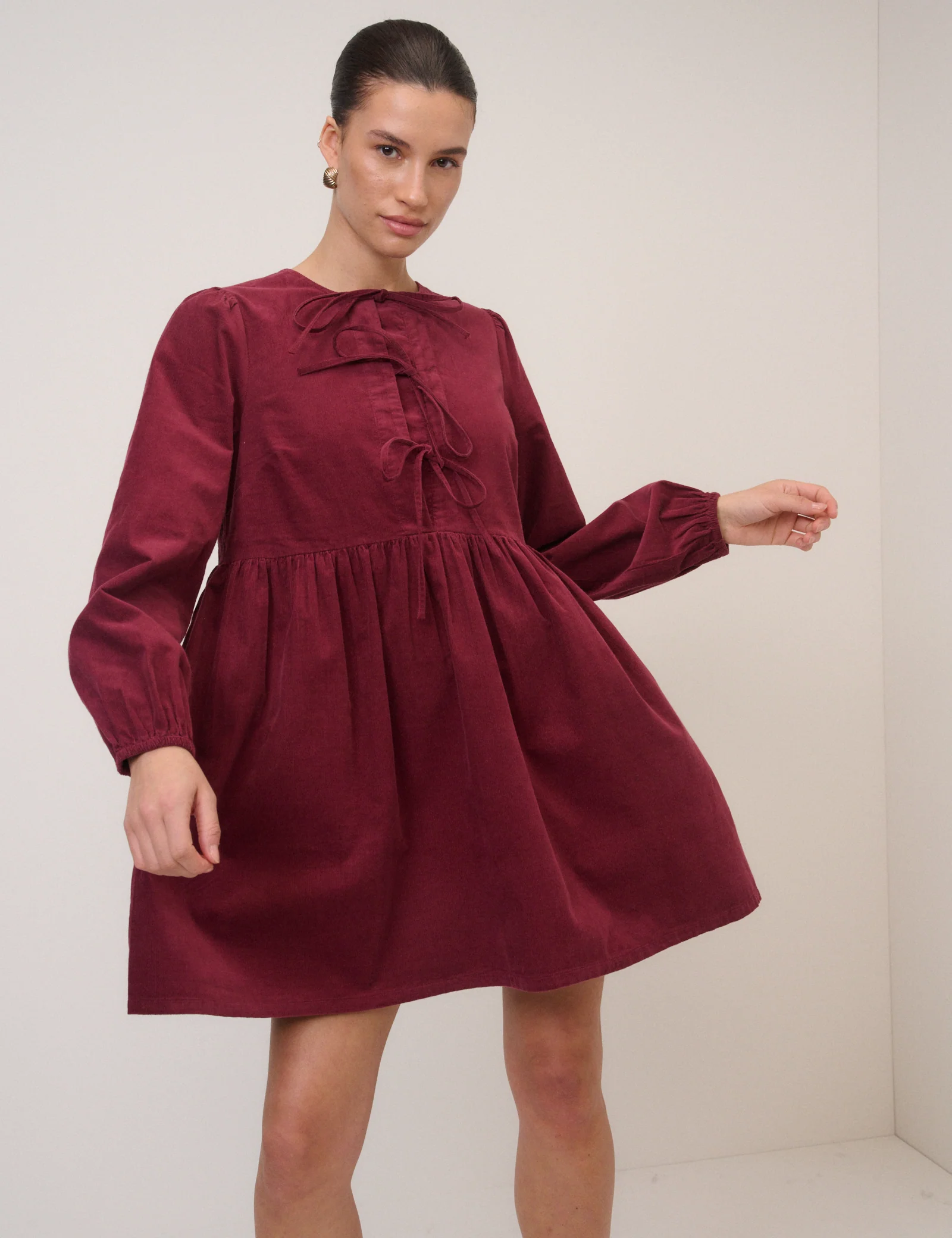 Burgundy Cord Tie Front Eden Mini Dress - Image 3