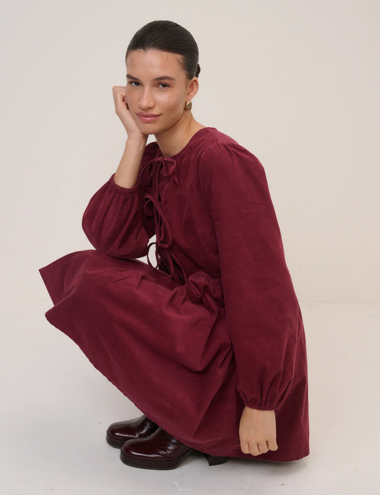 Burgundy Cord Tie Front Eden Mini Dress - Image 4