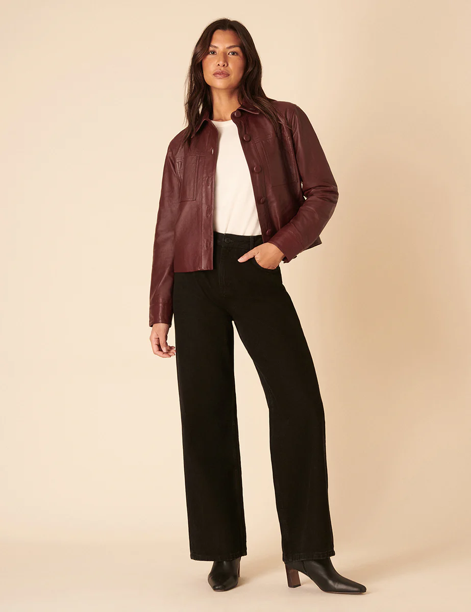 Burgundy Cropped Leather Jacket - Image 3