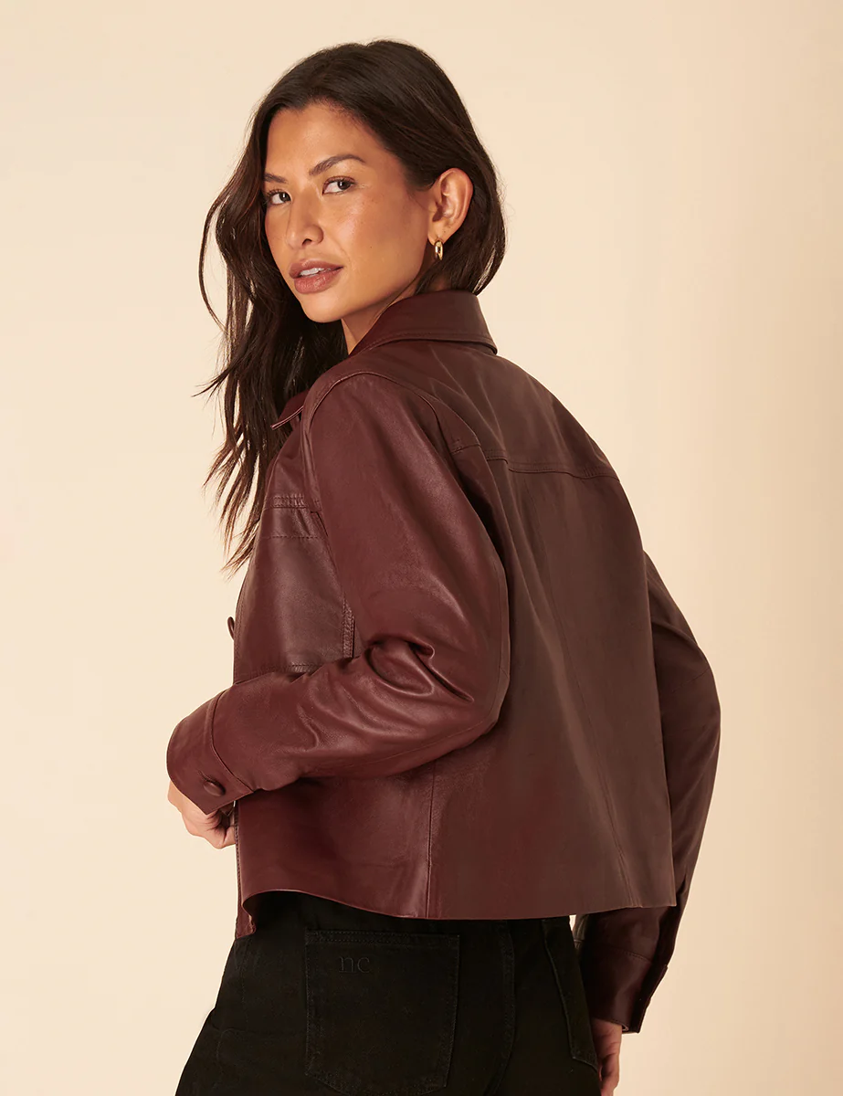 Burgundy Cropped Leather Jacket - Image 4
