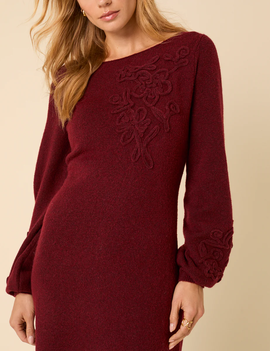 Burgundy Floral Embroidered Knitted Long Sleeve Midi Dress - Image 4