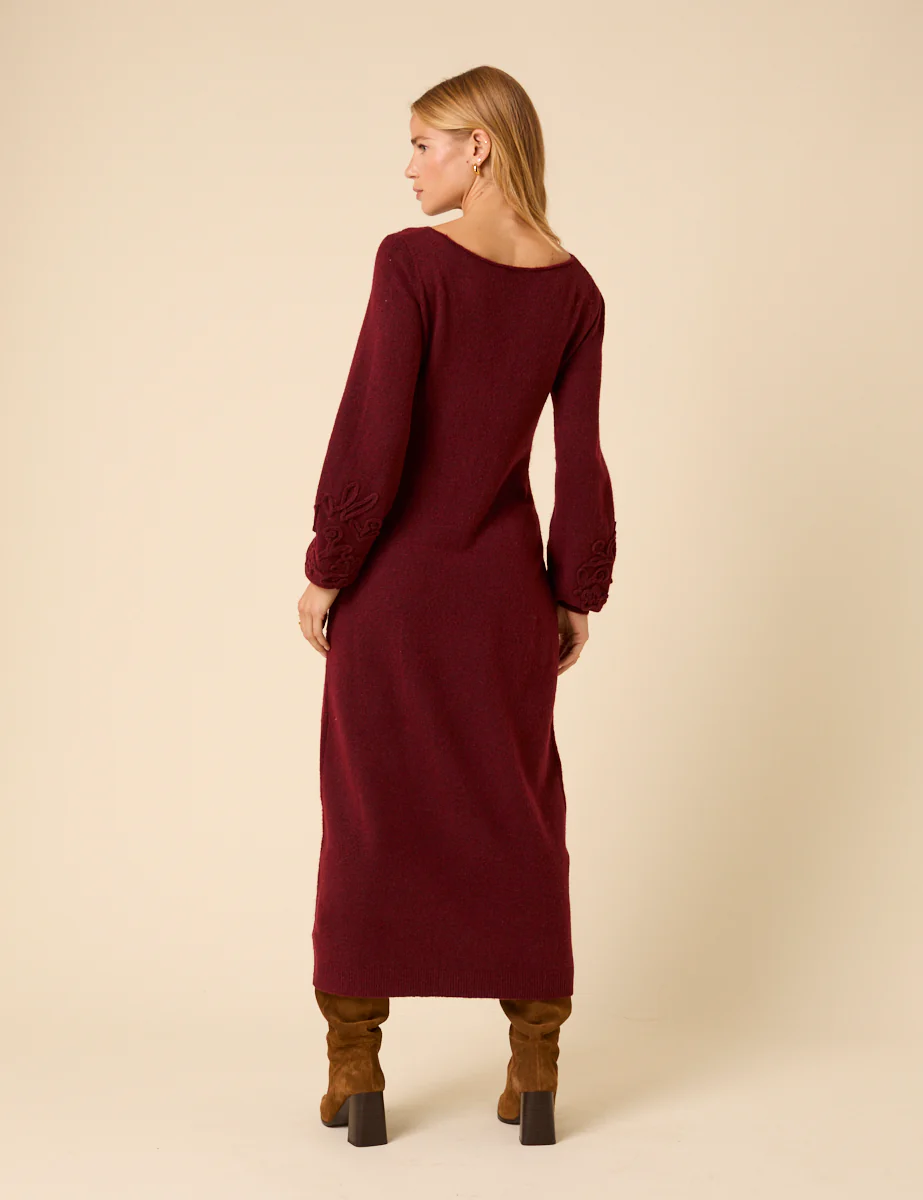 Burgundy Floral Embroidered Knitted Long Sleeve Midi Dress - Image 5