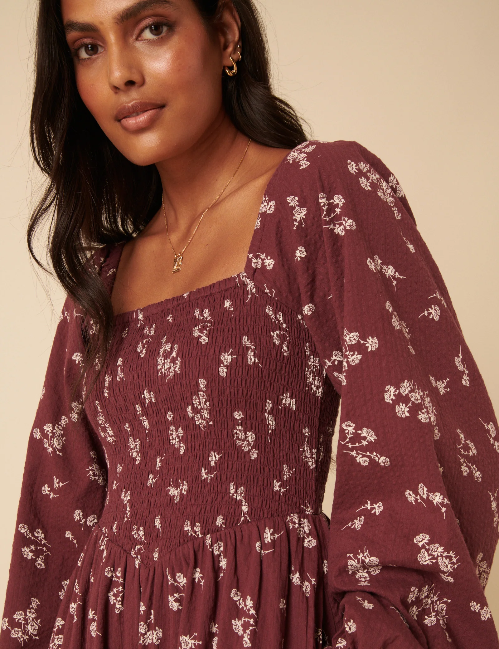 Burgundy Floral Printed Long sleeve Imogen Midi Dress - Image 2