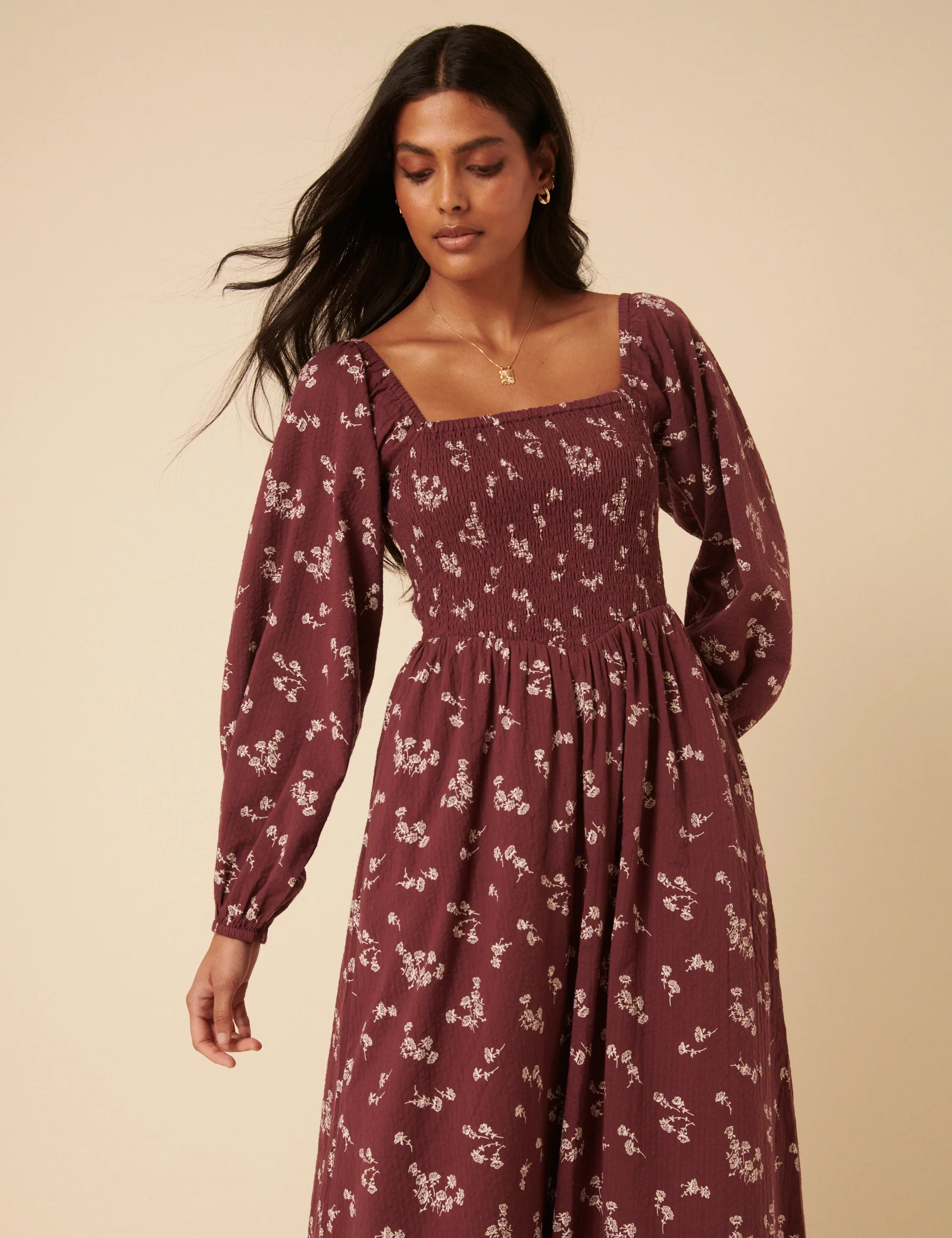 Burgundy Floral Printed Long sleeve Imogen Midi Dress - Image 3