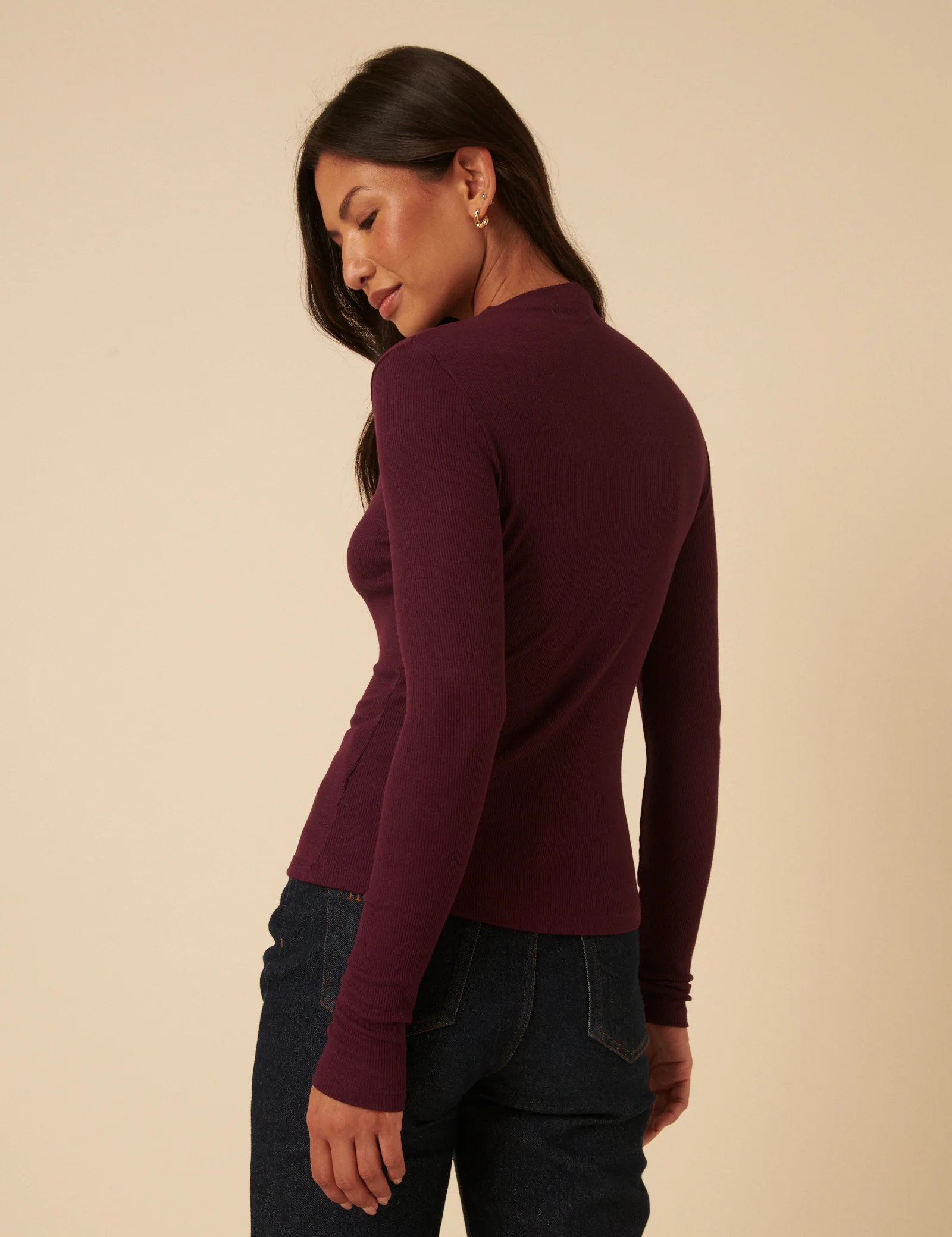 Burgundy Ribbed High Neck Long Sleeve Top - Image 5