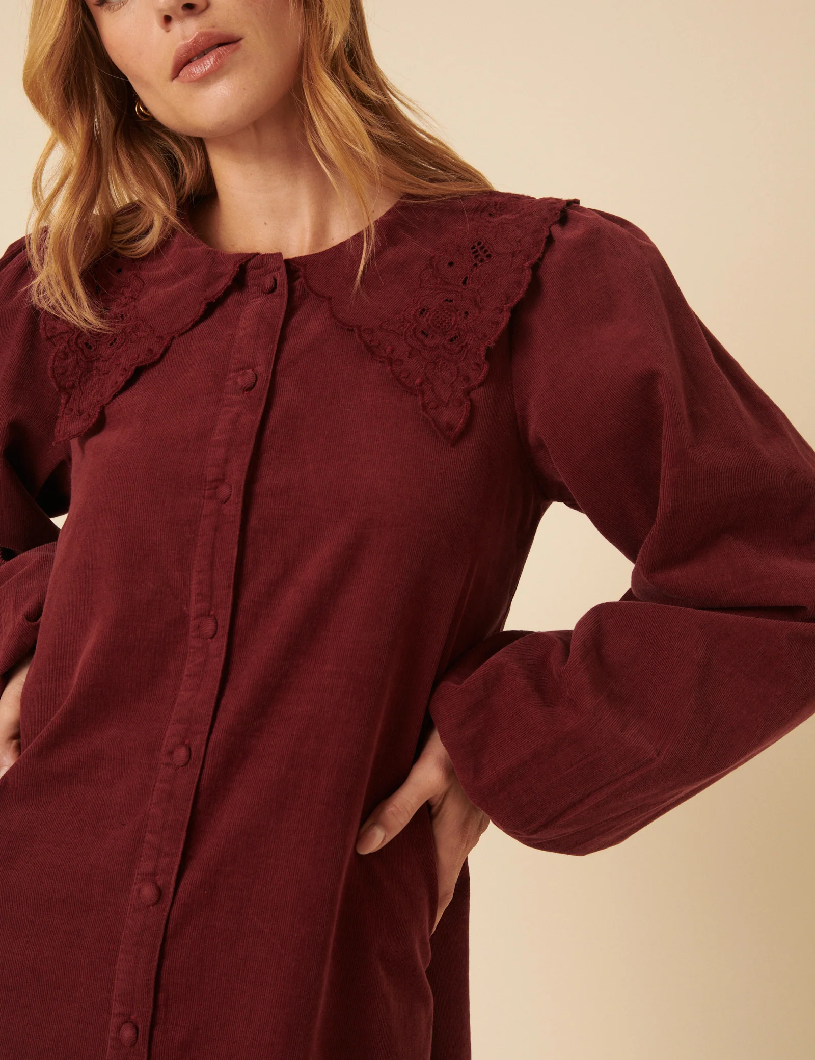 Burgundy Peter Pan Collar Cord Bridget Mini Dress - Image 3