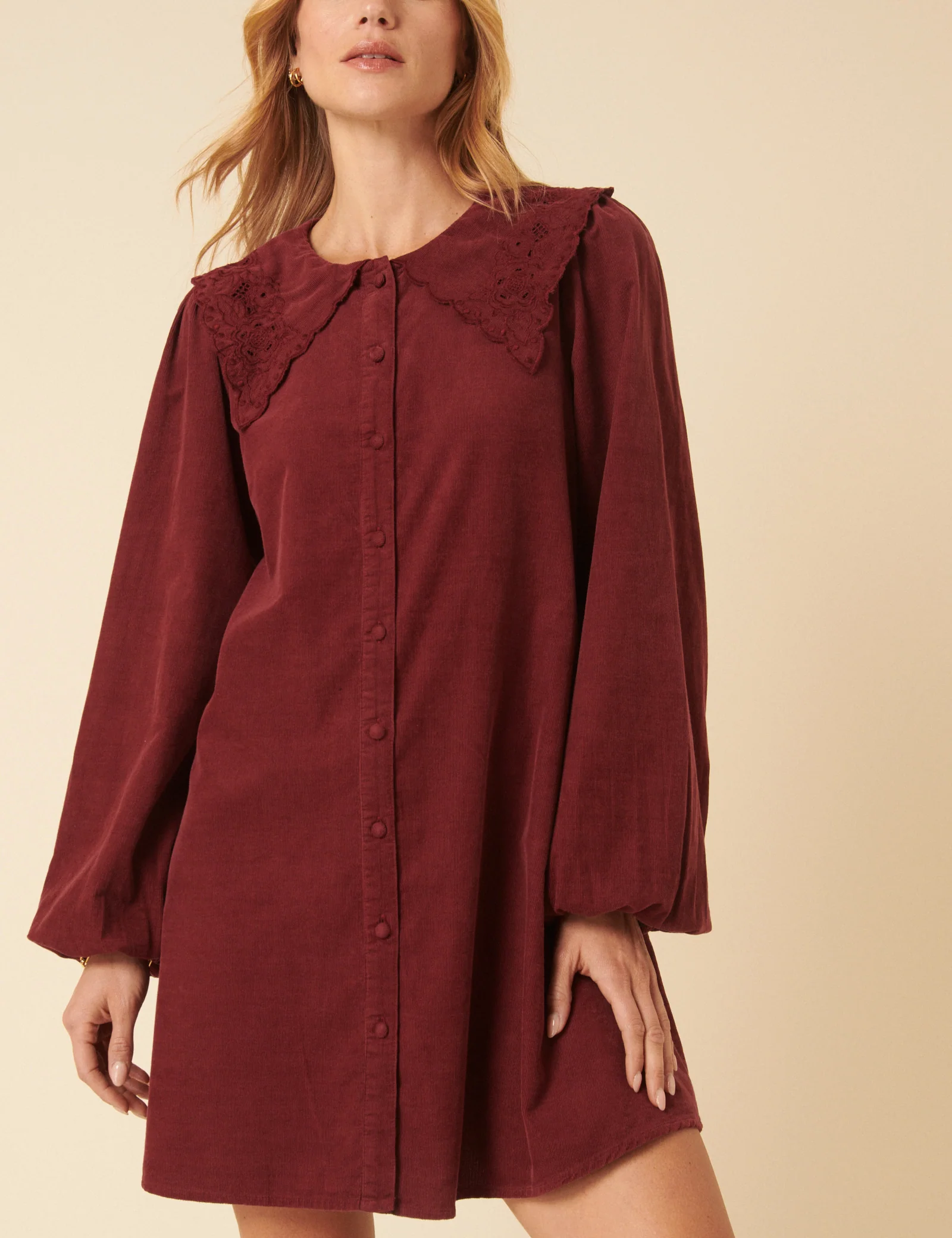 Burgundy Peter Pan Collar Cord Bridget Mini Dress - Image 4