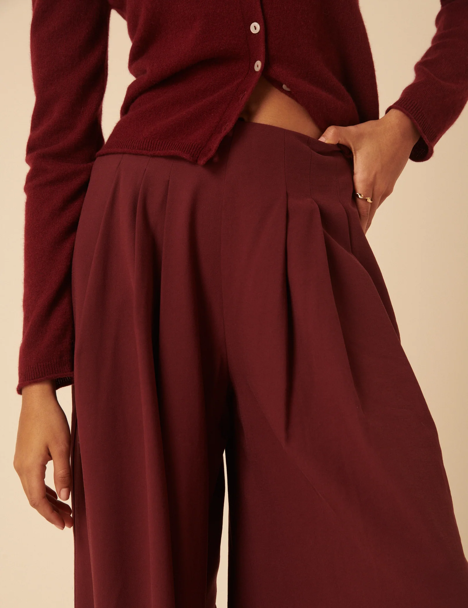 Burgundy Pleated Wide Leg Trousers - Image 2