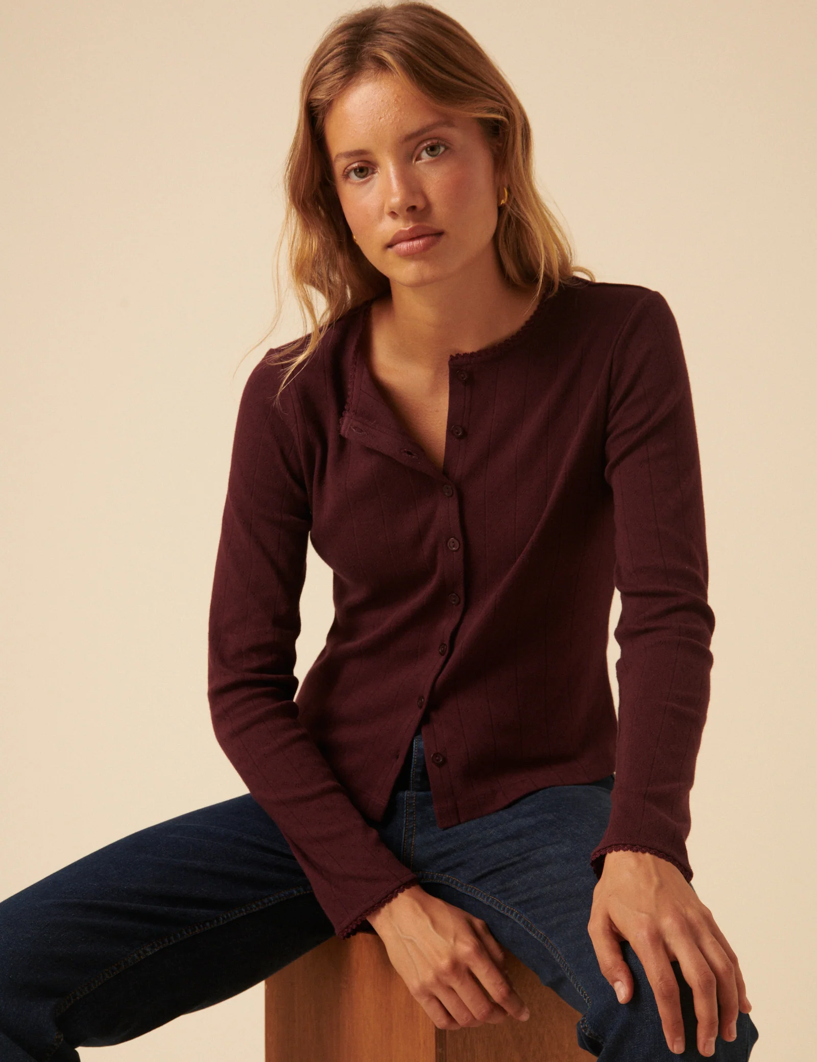 Burgundy Pointelle Cardigan - Image 4