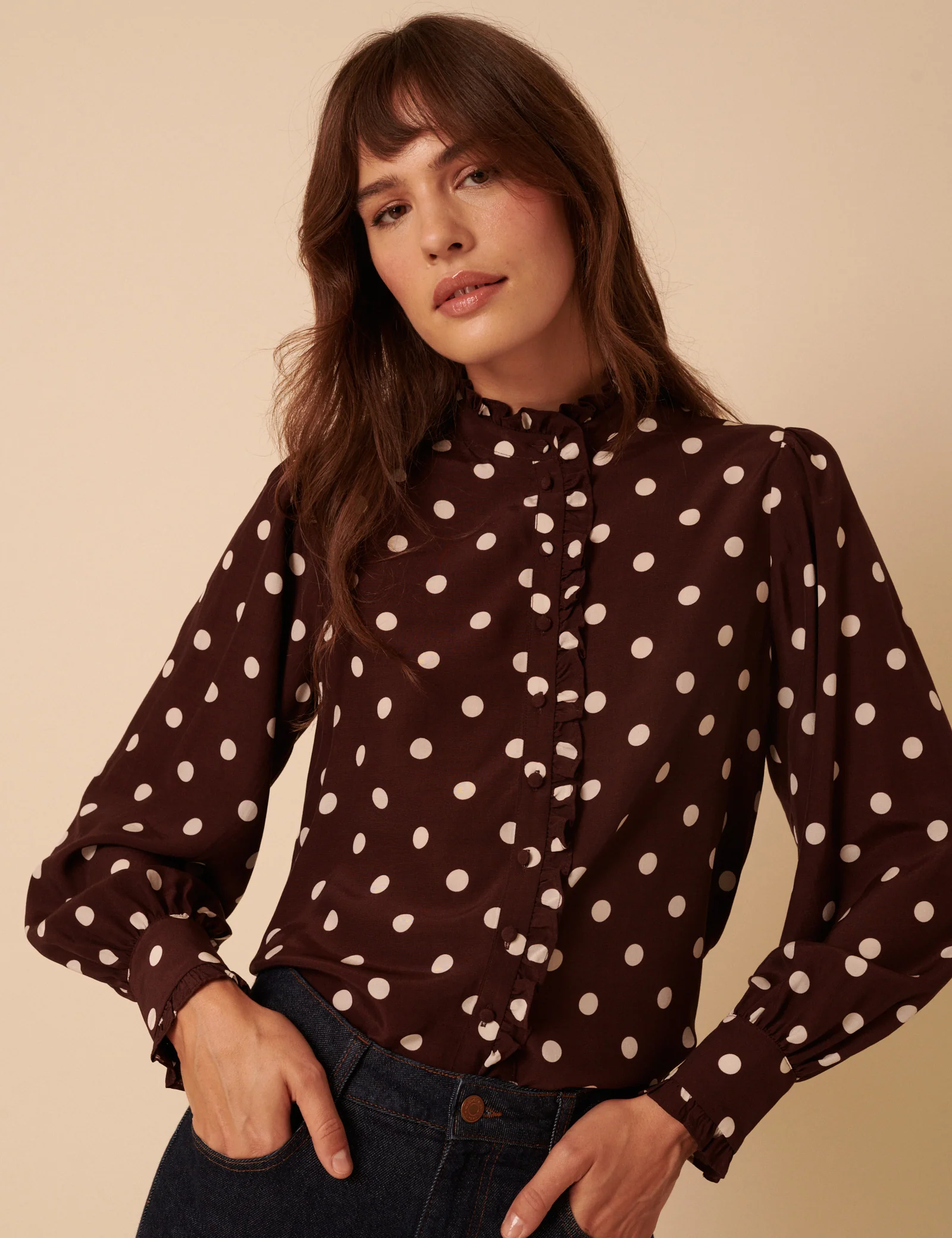 Burgundy Polka Dot Frill Blouse - Image 3