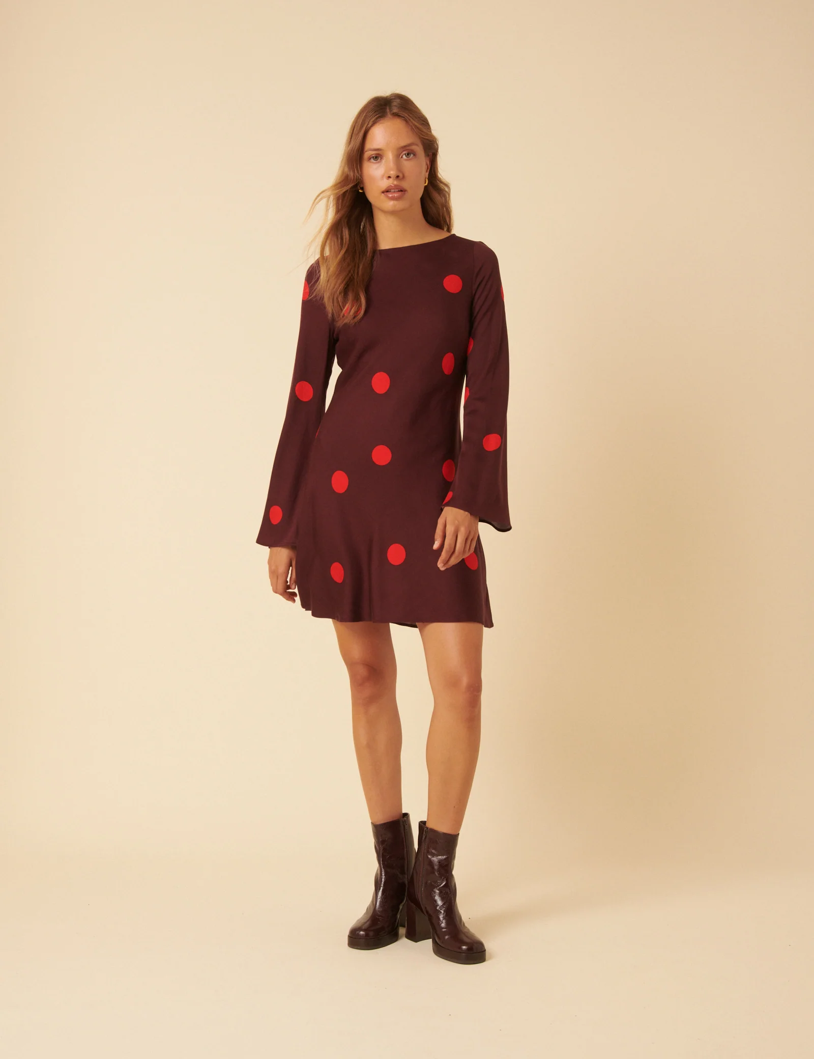 Burgundy Polka Dot Long Sleeve Romy Mini Dress - Image 2