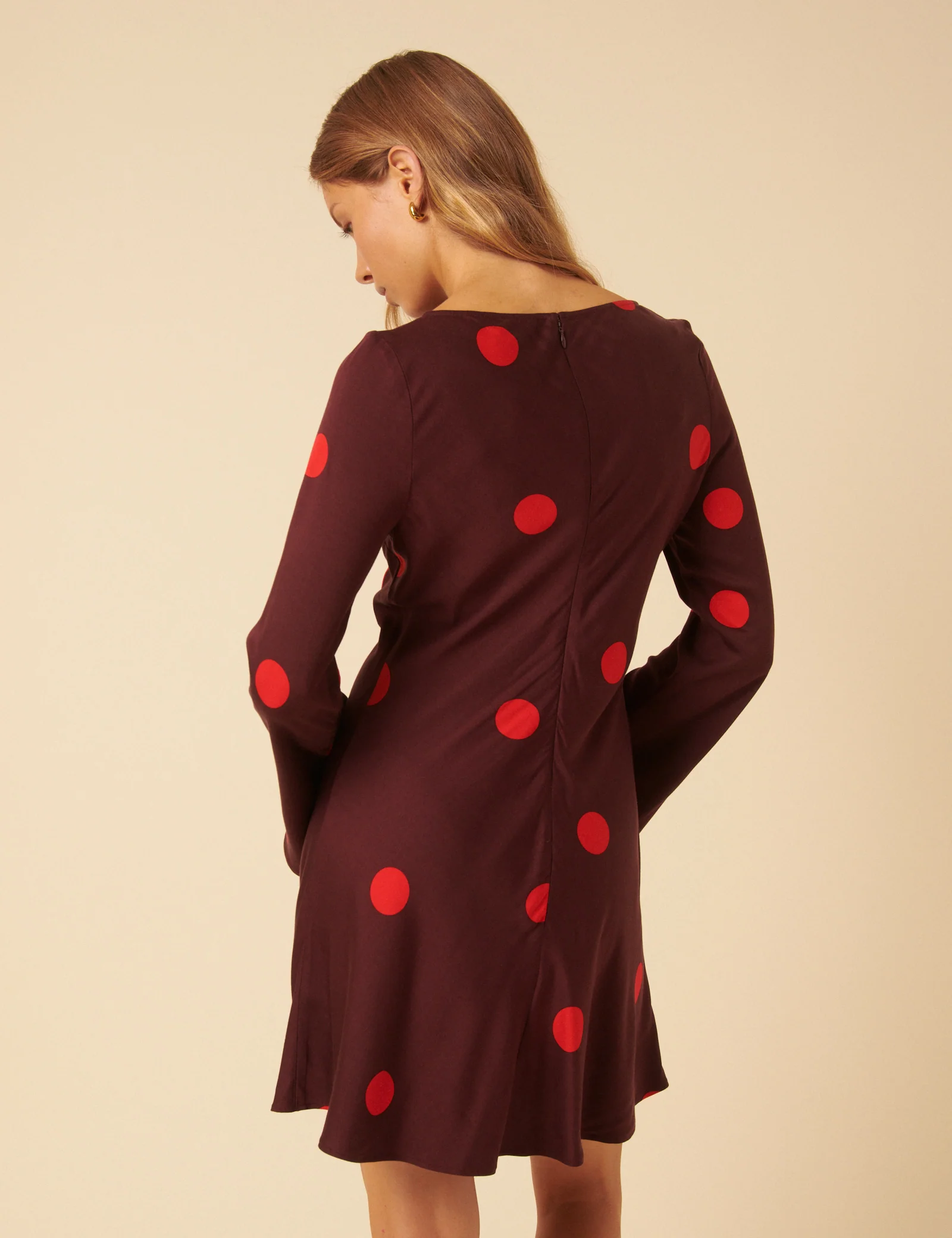 Burgundy Polka Dot Long Sleeve Romy Mini Dress - Image 5