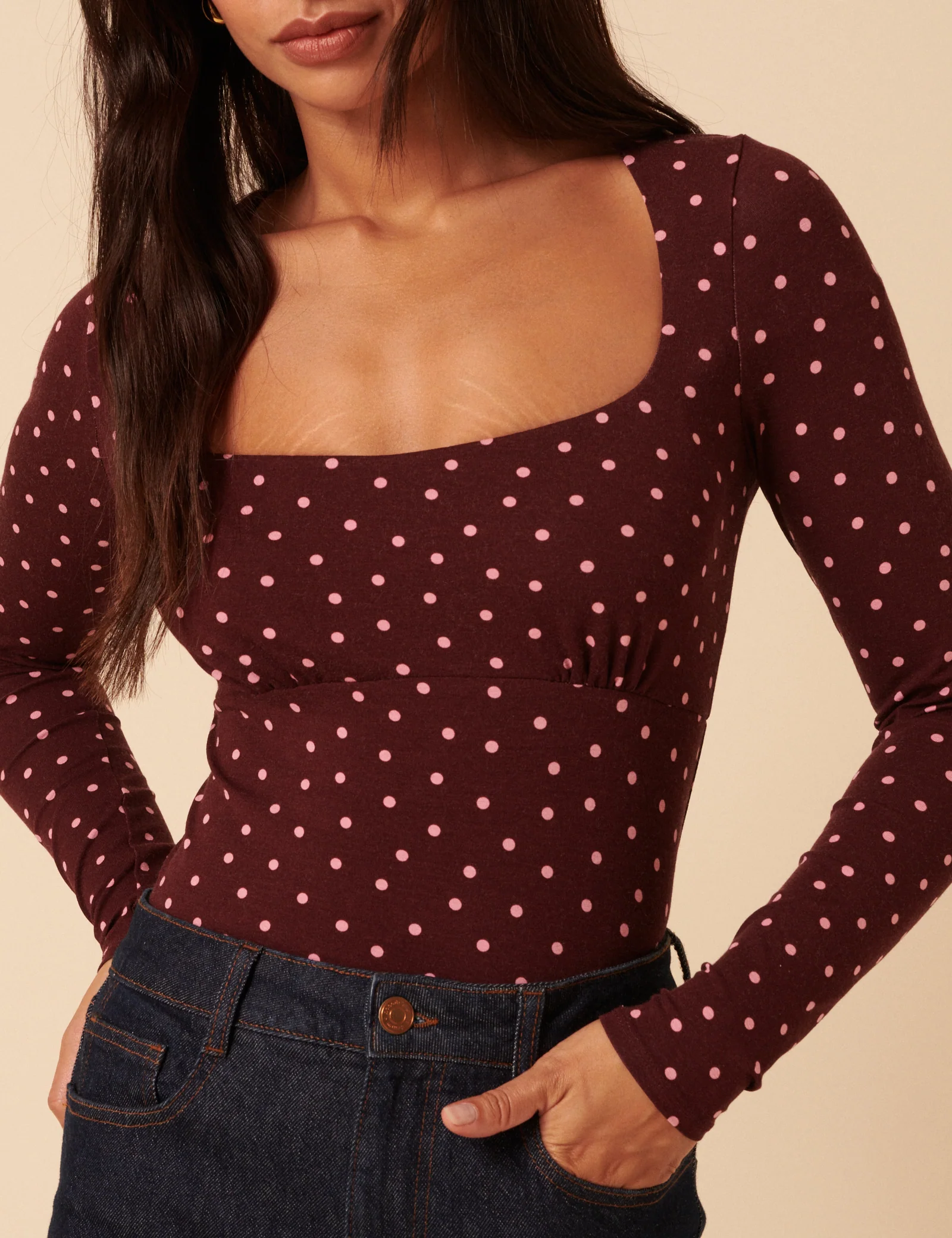 Burgundy Polka Dot Long Sleeve Top - Image 3