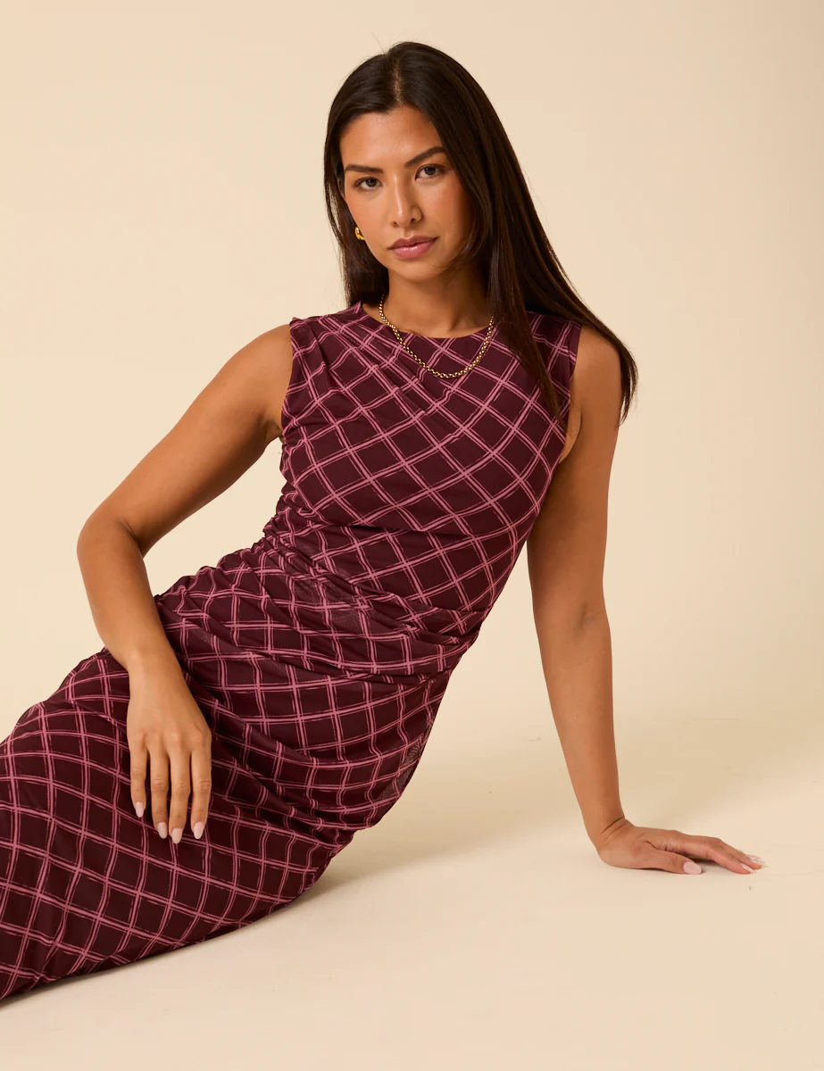 Burgundy Printed Ruched Mesh Midi Dress - Image 5