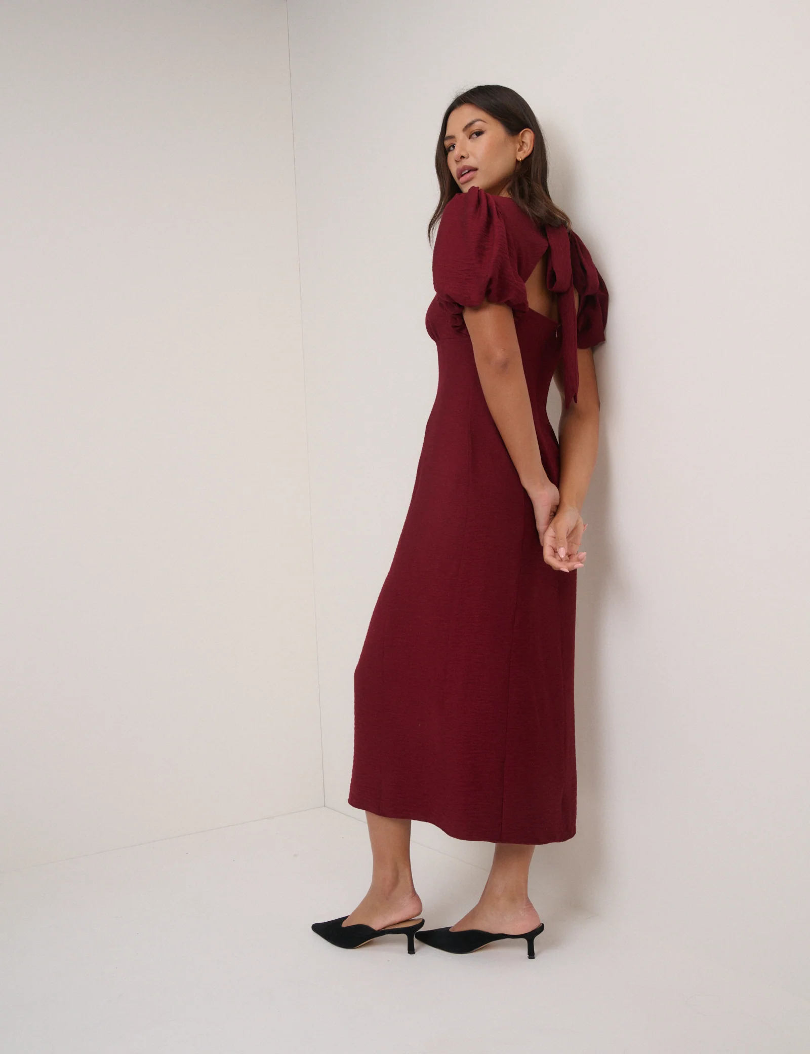 Burgundy Puff Sleeve Pax Midi Dress - Image 5