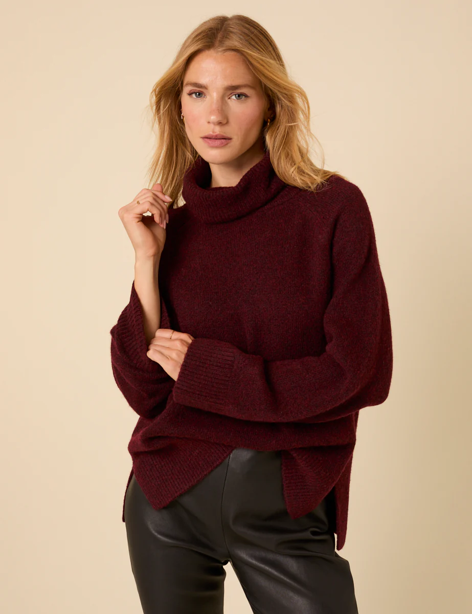 Burgundy Roll Neck Relaxed Knitted Jumper - Image 3