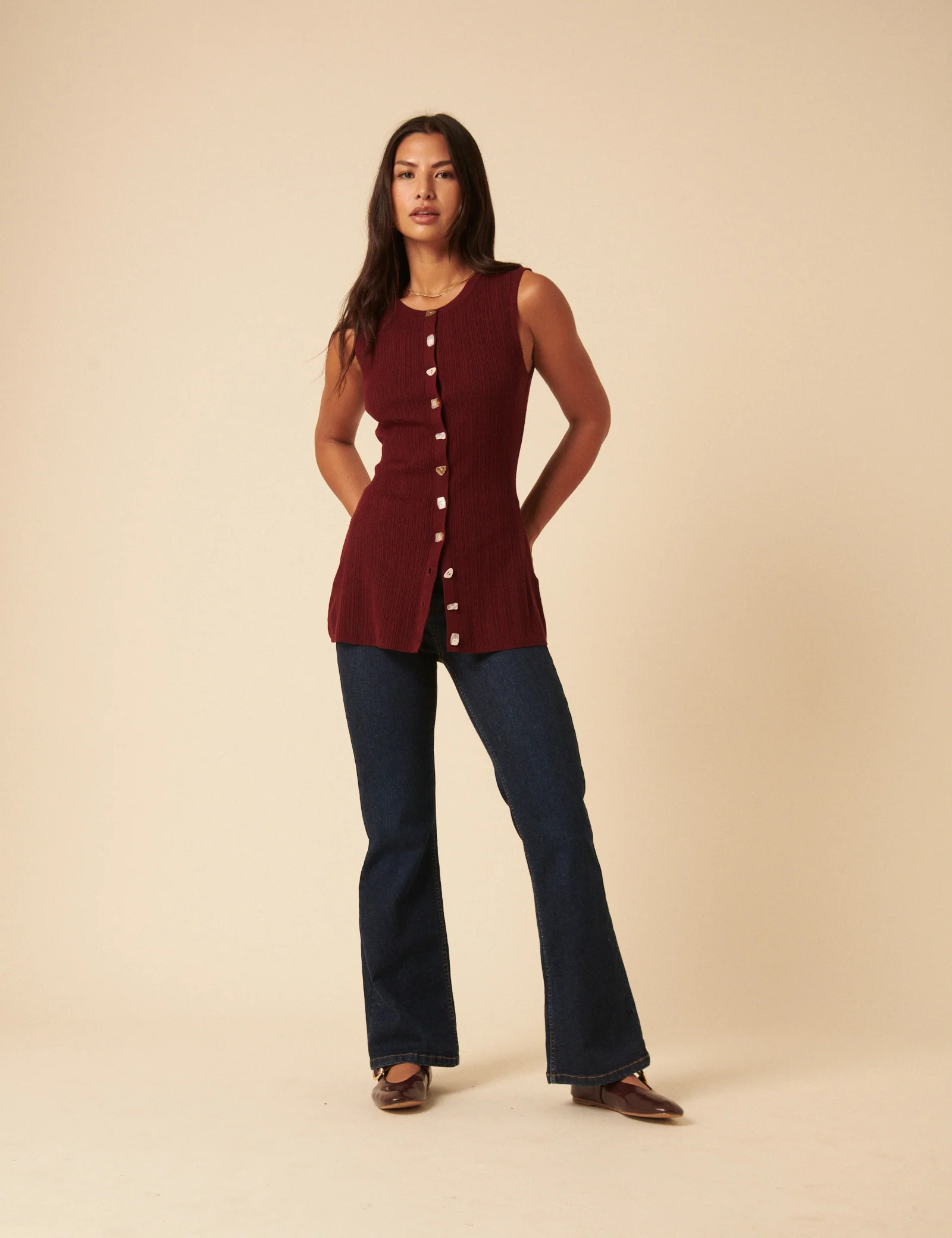 Burgundy Longline Knitted Waistcoat - Image 3