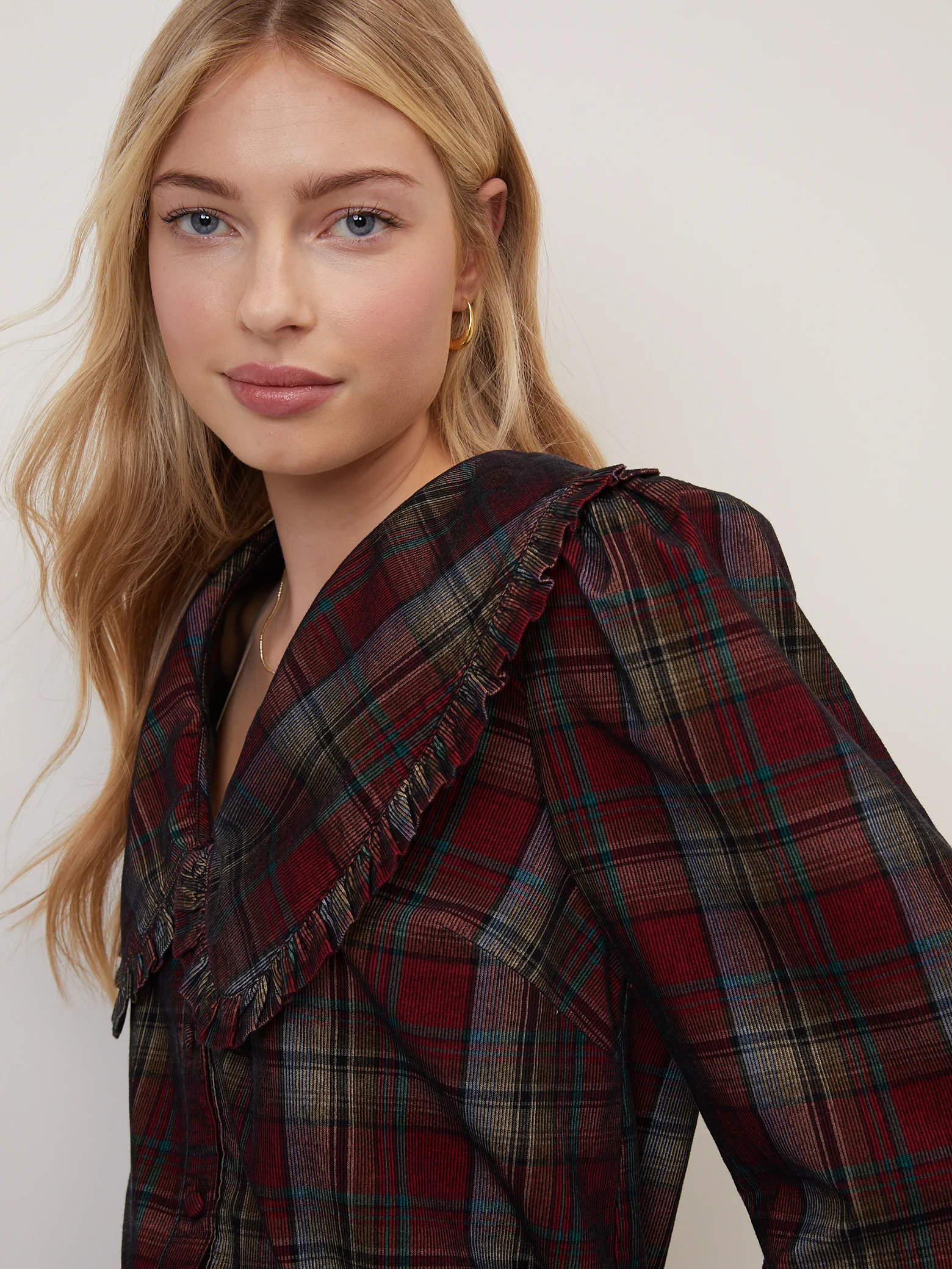 Burgundy Tartan Cord Peter Pan Collar Emmie Blouse - Image 2