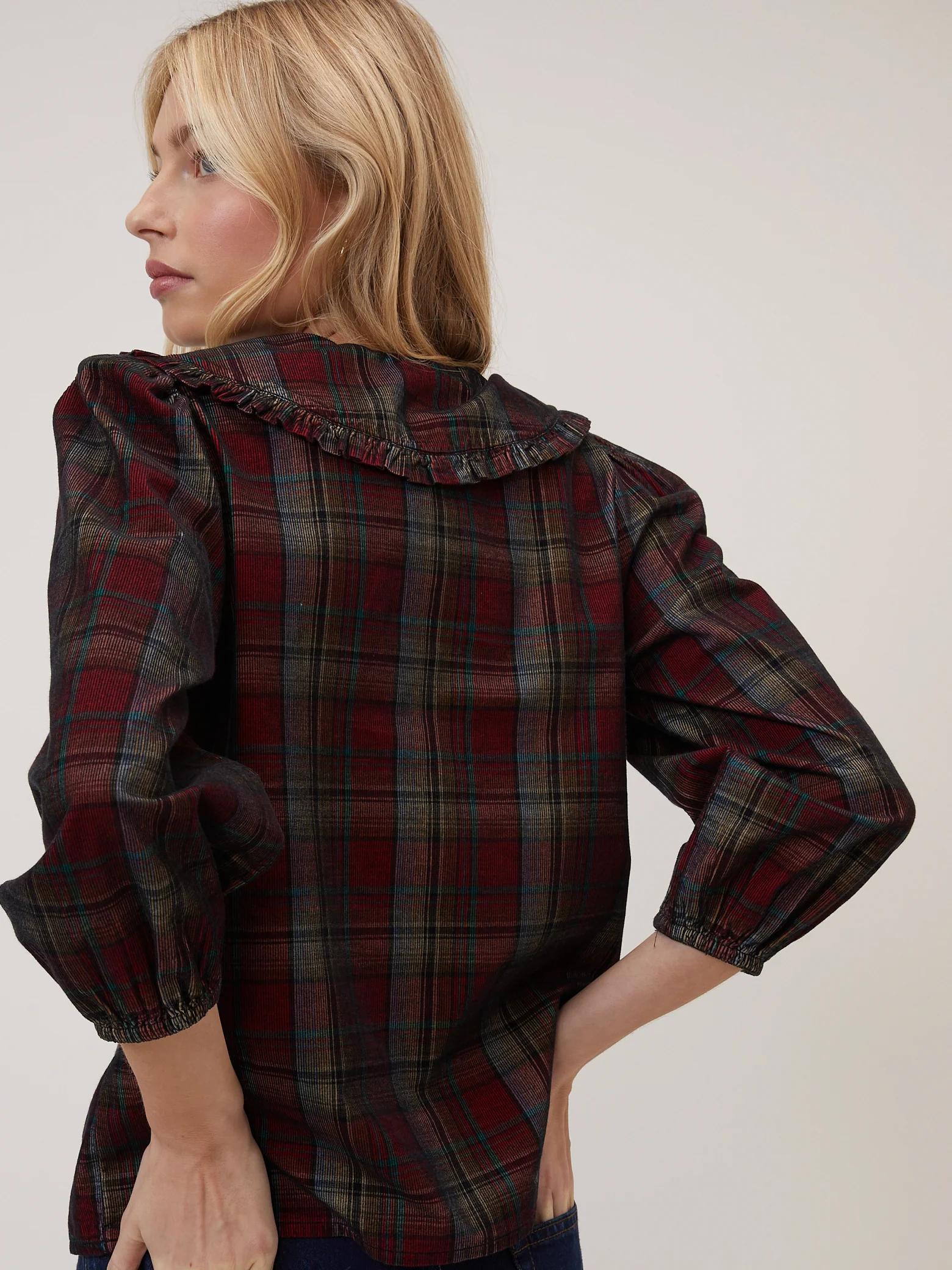 Burgundy Tartan Cord Peter Pan Collar Emmie Blouse - Image 5