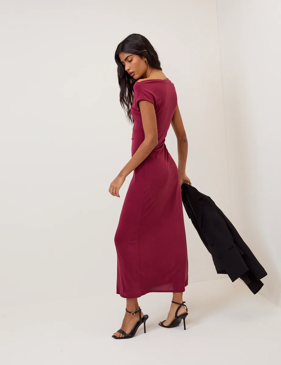 Burgundy Twist Shoulder Bethany Jersey Midi Dress - Image 4