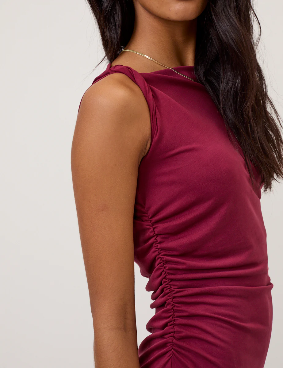 Burgundy Twist Shoulder Bethany Jersey Midi Dress - Image 5
