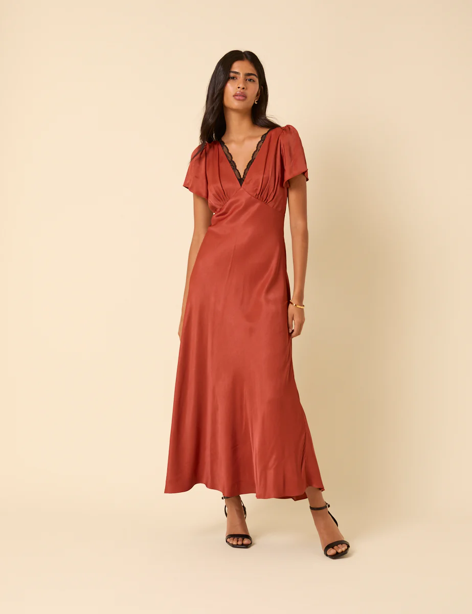 Burnt Rust Satin Lace Trim Sienna Midaxi Dress