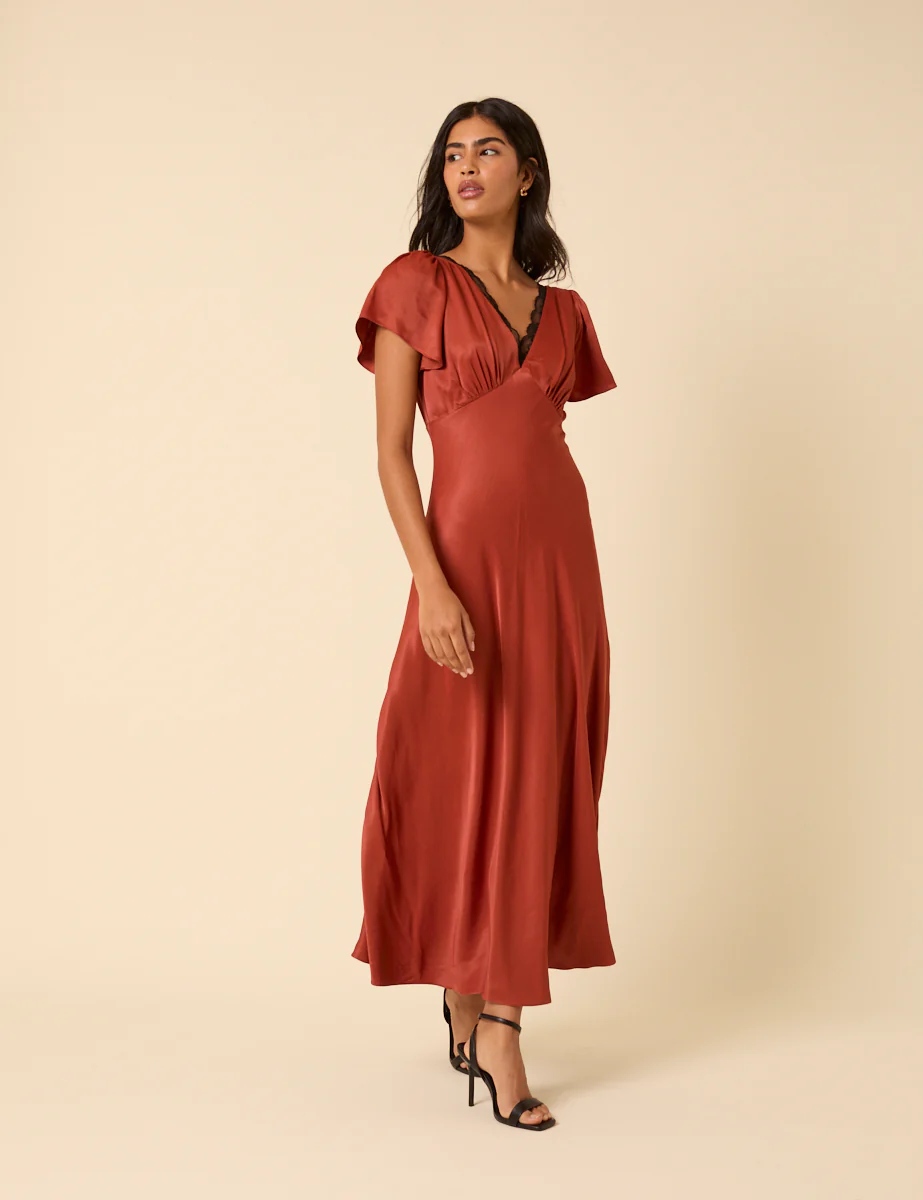 Burnt Rust Satin Lace Trim Sienna Midaxi Dress - Image 3