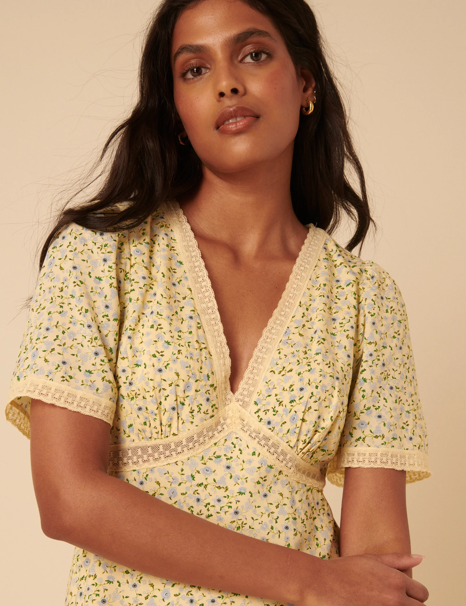 Butter Yellow Ditsy Floral Kharian Midi Dress - Image 3