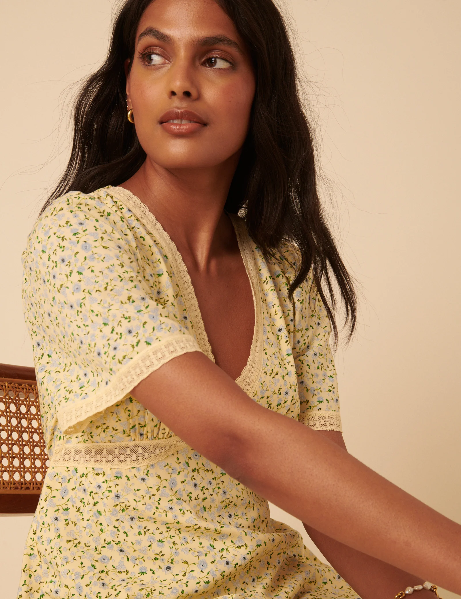 Butter Yellow Ditsy Floral Kharian Midi Dress - Image 4