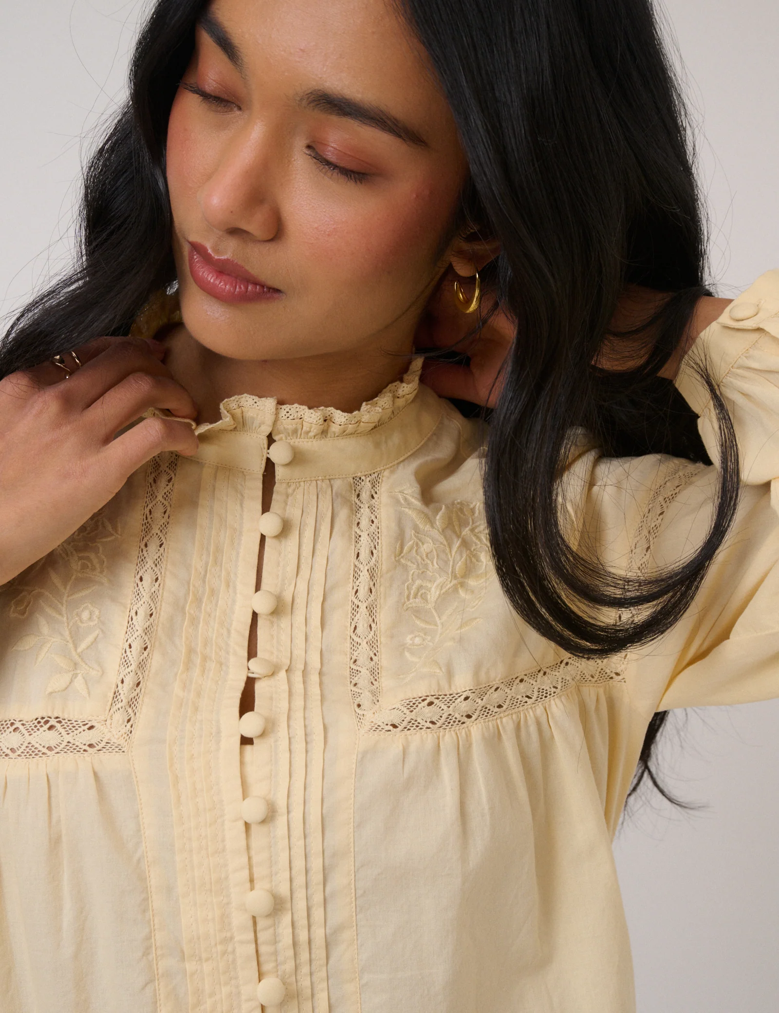 Butter Yellow Floral Embroidered High Neck Blouse - Image 3