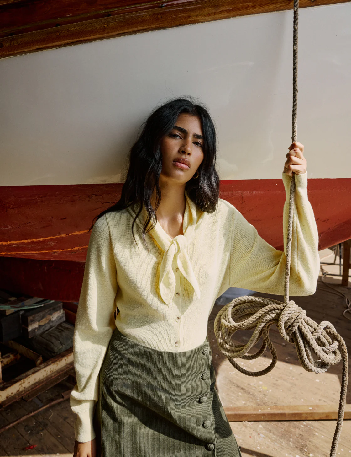 Butter Yellow Neck Tie Scarf Cardigan