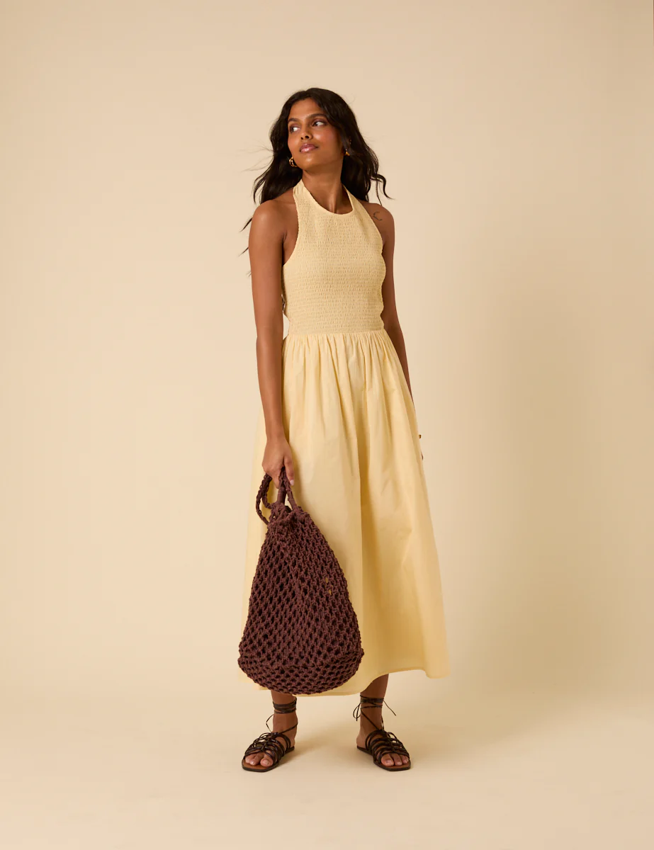 Butter Yellow Shirred Halter Neck Tizzy Midi Dress - Image 3