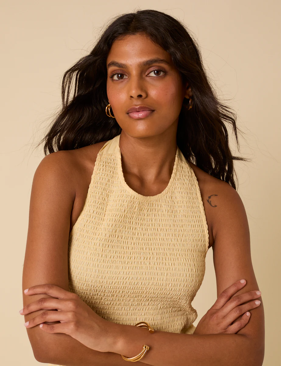 Butter Yellow Shirred Halter Neck Tizzy Midi Dress - Image 4