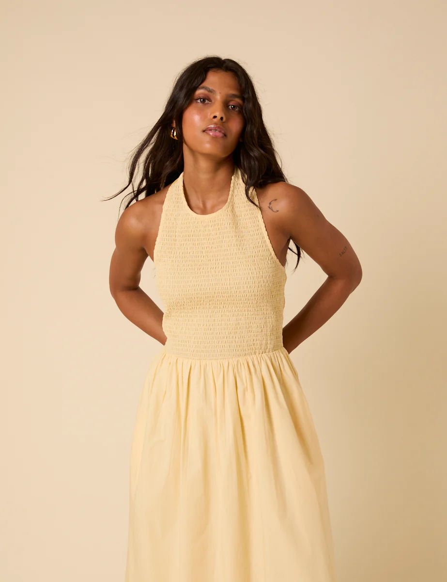 Butter Yellow Shirred Halter Neck Tizzy Midi Dress - Image 5
