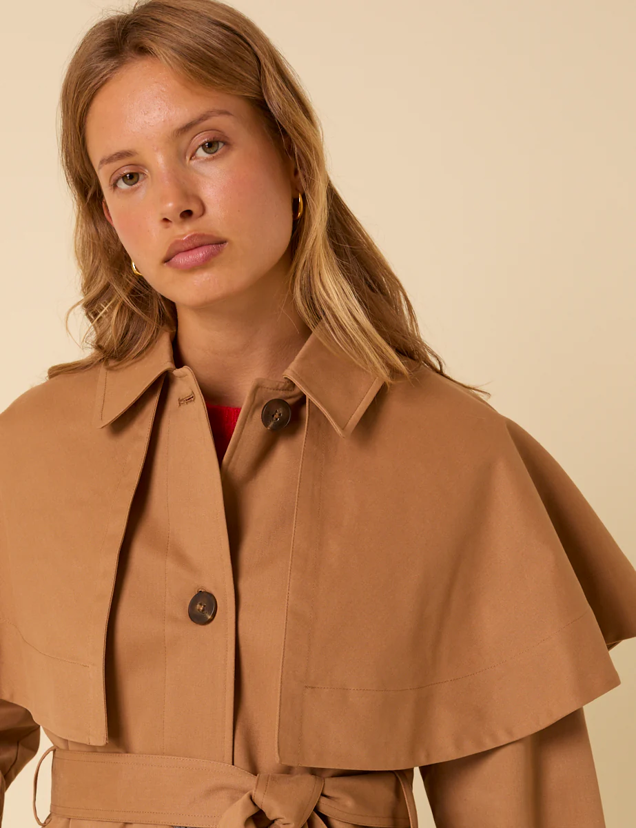 Camel Detachable Cape Trench Coat - Image 4
