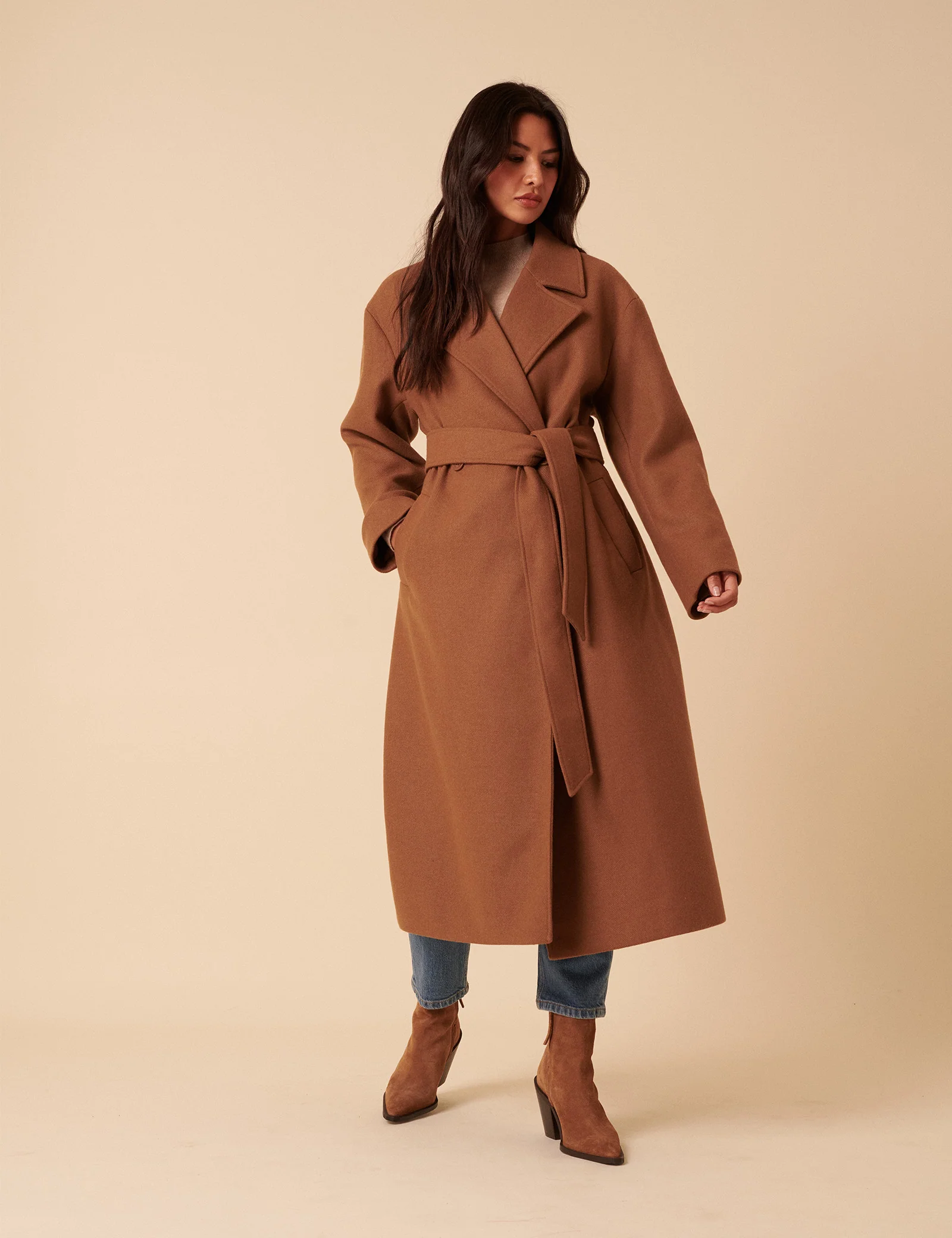 Camel Tie Belt Wrap Coat - Image 4