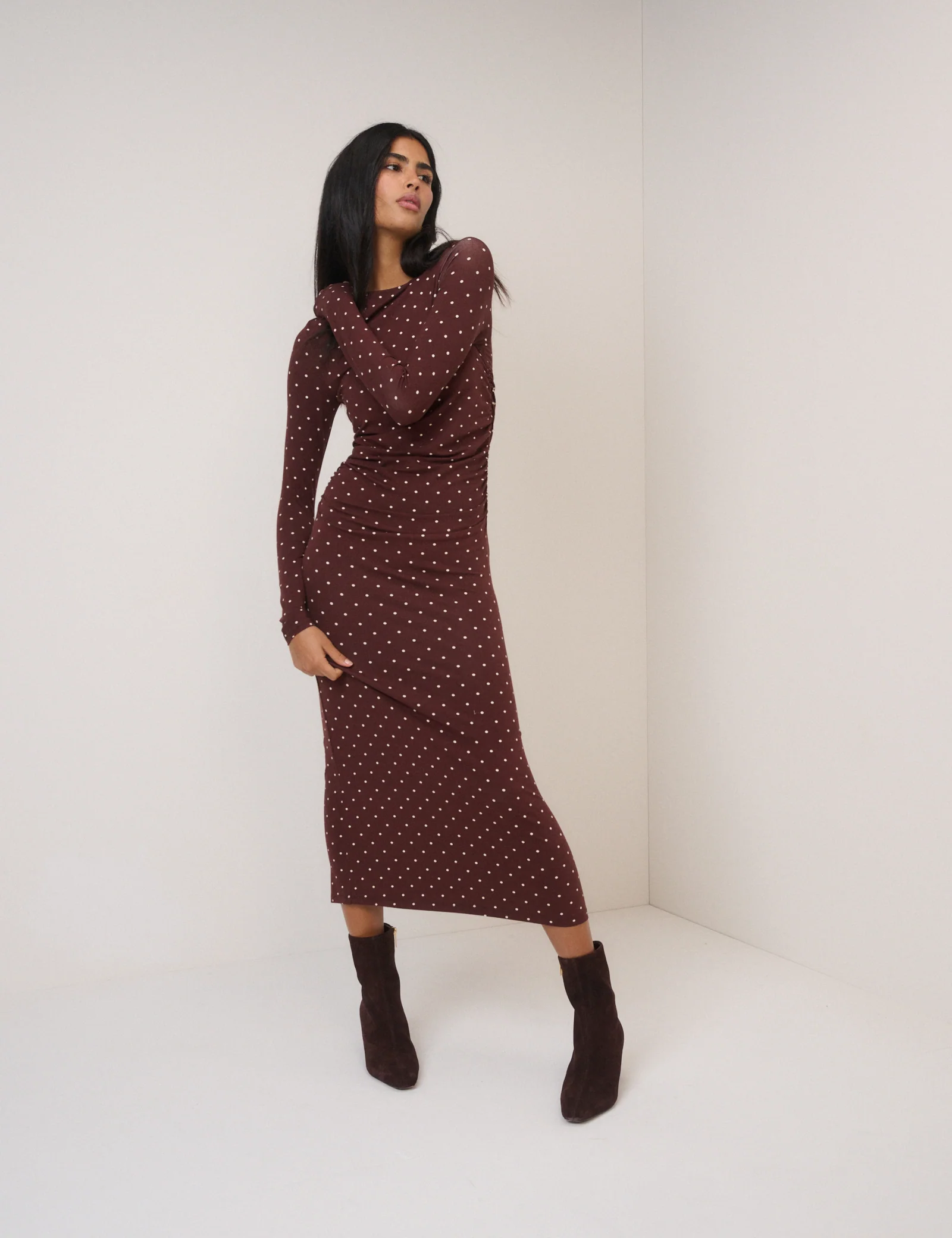 Chocolate Brown Polka Dot Laurella Midi Dress - Image 4